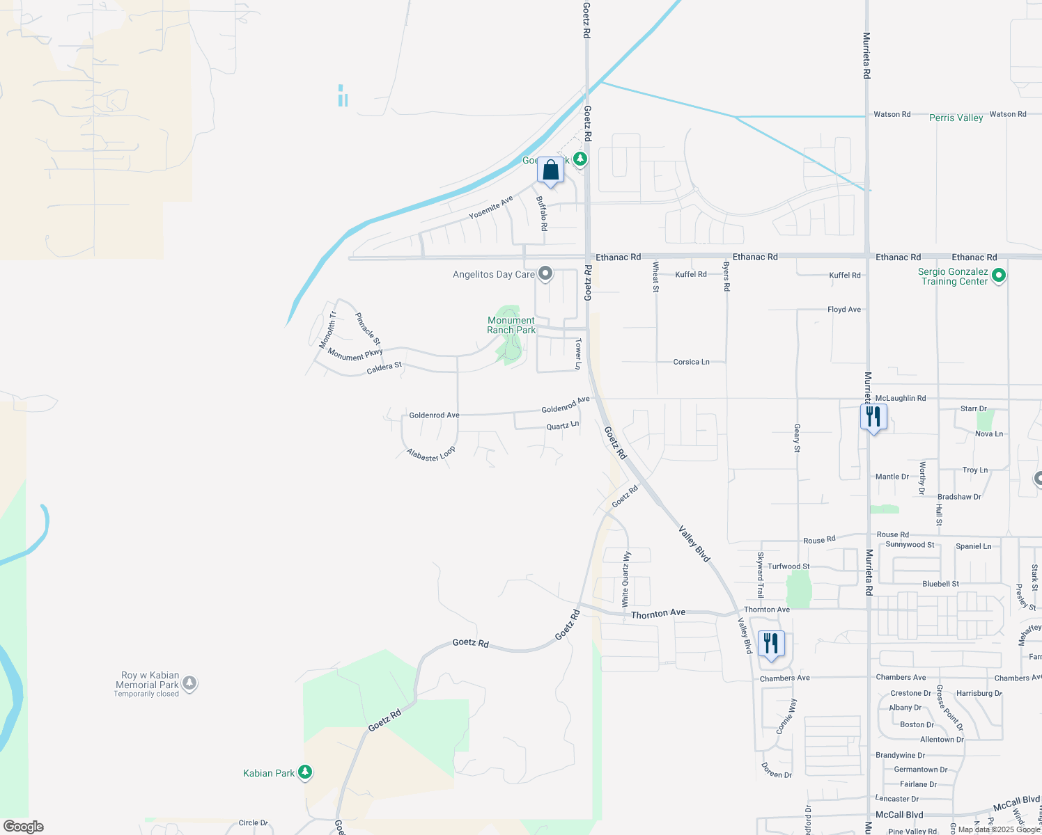 map of restaurants, bars, coffee shops, grocery stores, and more near 129 Goldenrod Avenue in Perris