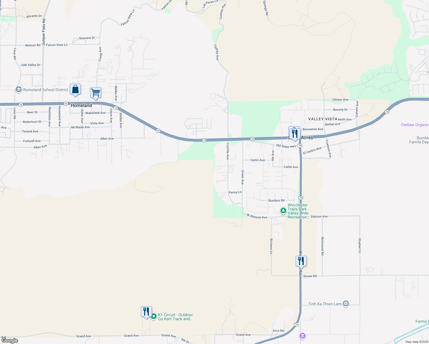 map of restaurants, bars, coffee shops, grocery stores, and more near 26613 Cortrite Avenue in Hemet