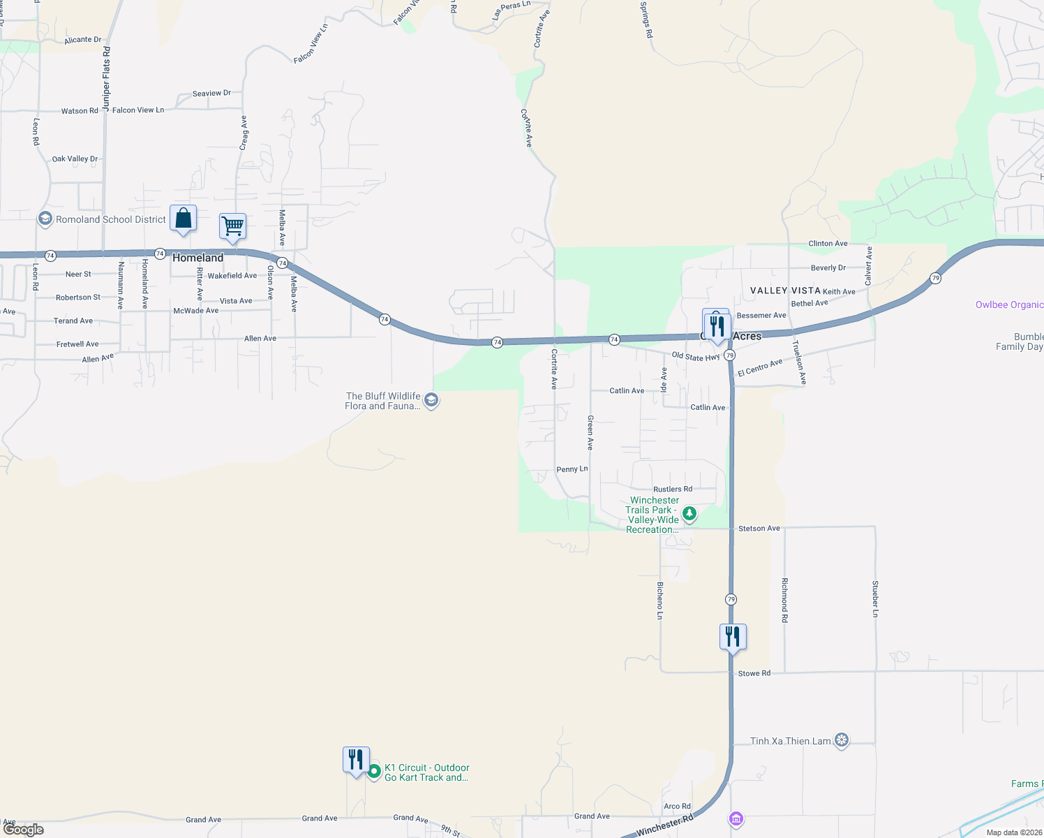 map of restaurants, bars, coffee shops, grocery stores, and more near 26613 Cortrite Avenue in Hemet