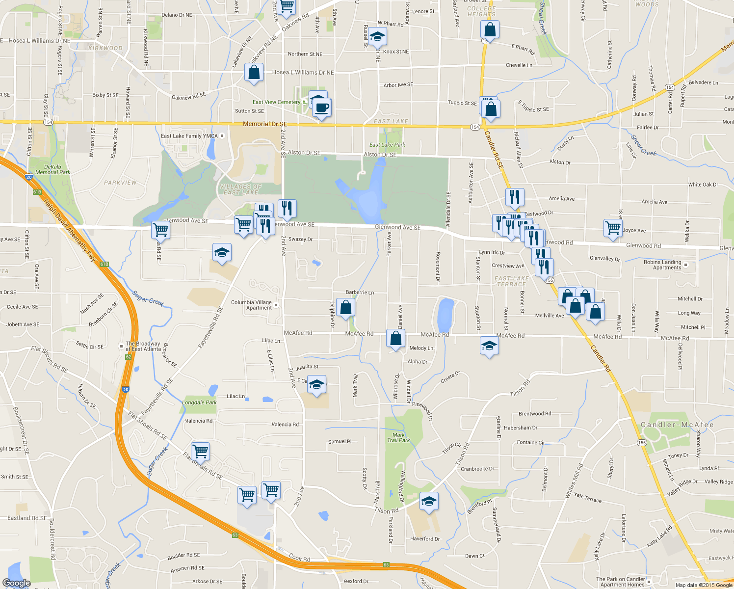 map of restaurants, bars, coffee shops, grocery stores, and more near 1935 McAfee Place in Decatur