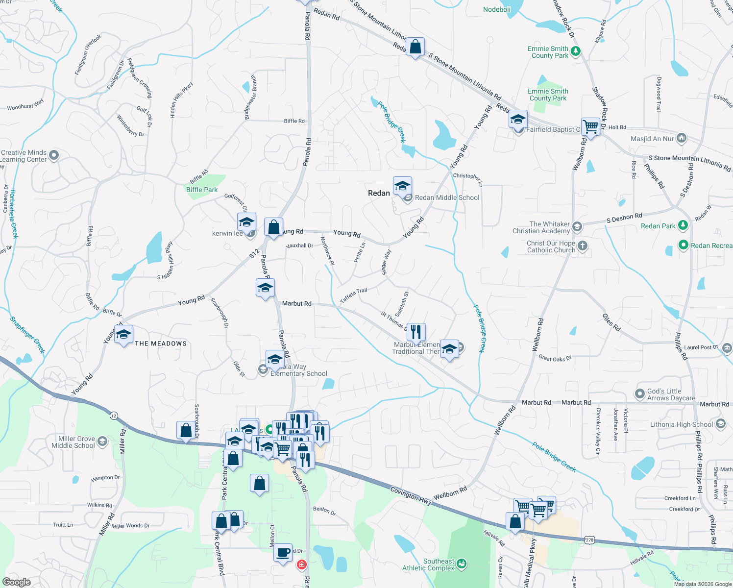 map of restaurants, bars, coffee shops, grocery stores, and more near 1922 Taffeta Trail in Lithonia