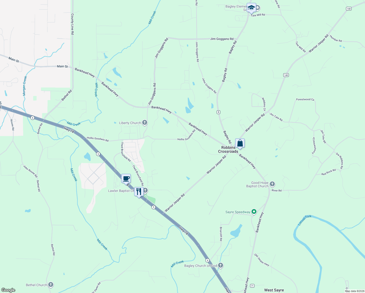 map of restaurants, bars, coffee shops, grocery stores, and more near 4980 Hollis Goodwin Road in Dora