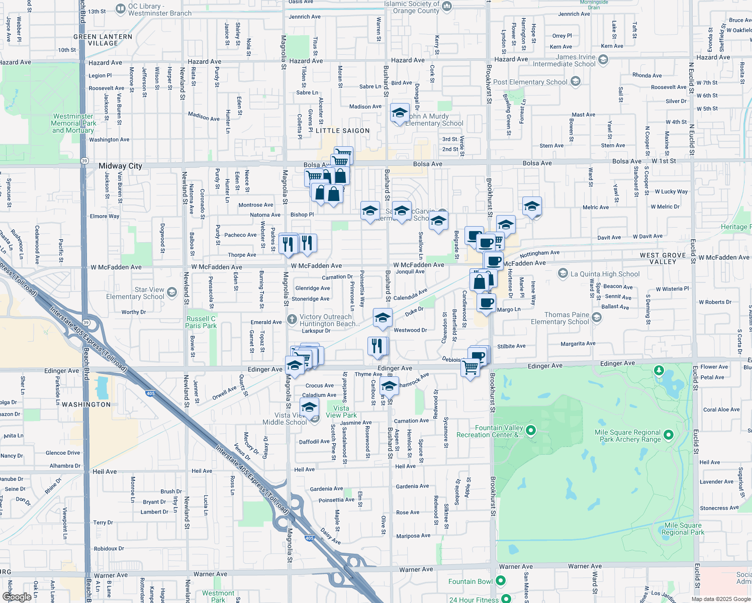 map of restaurants, bars, coffee shops, grocery stores, and more near 9450 Lotus Drive in Westminster