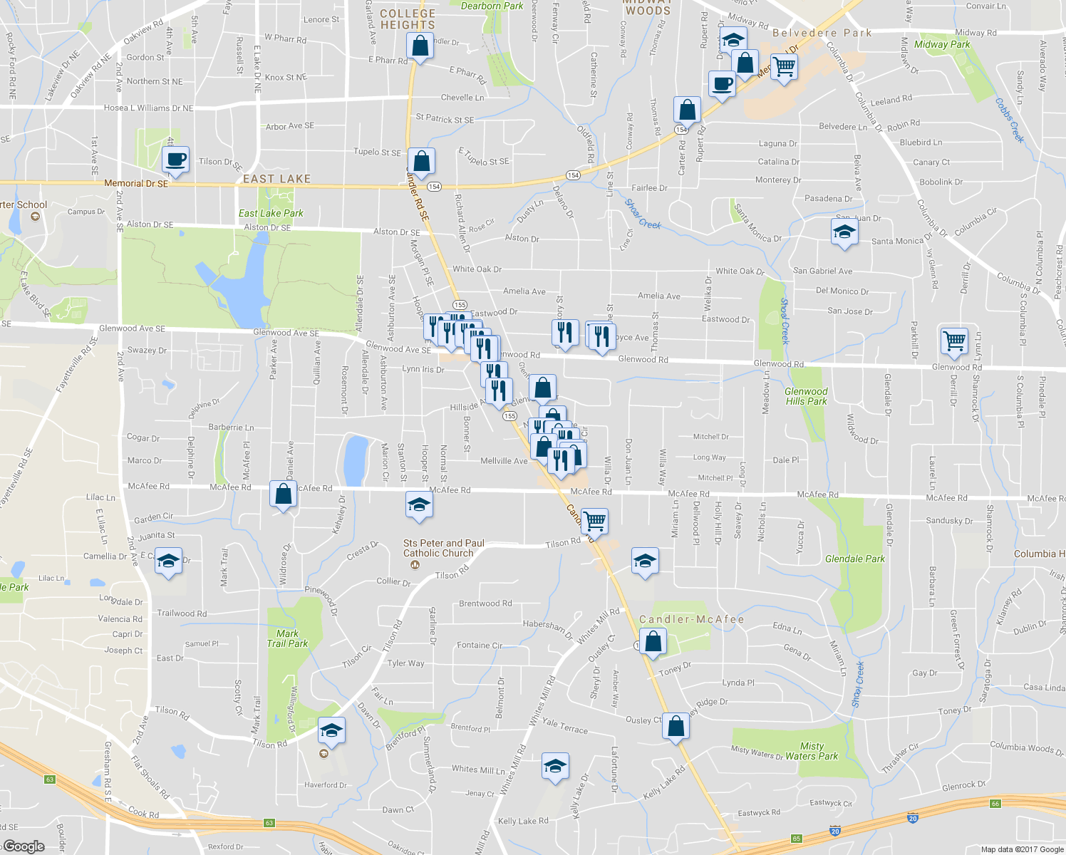 map of restaurants, bars, coffee shops, grocery stores, and more near 2565 Northview Avenue in Decatur