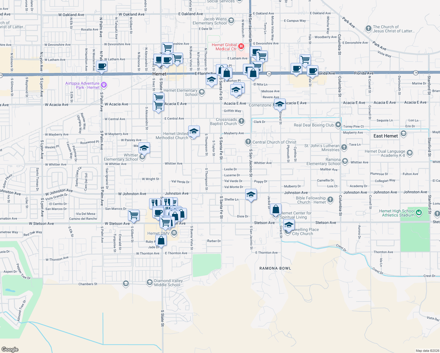 map of restaurants, bars, coffee shops, grocery stores, and more near 880 East Wright Street in Hemet