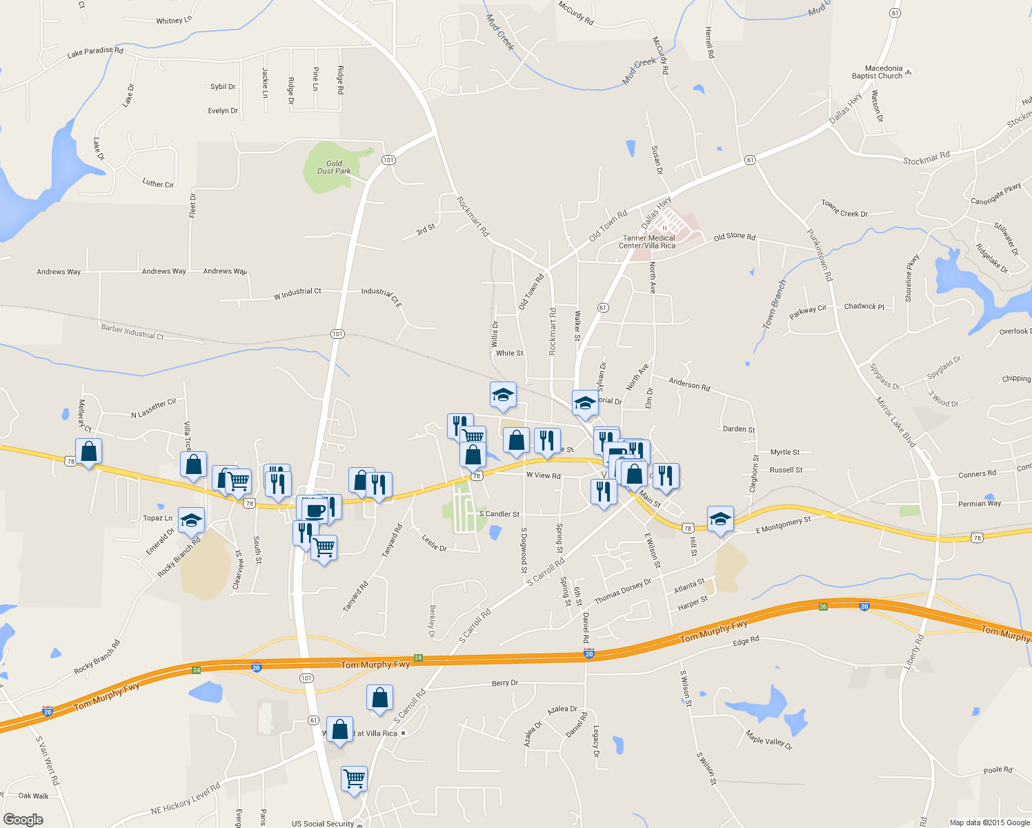 map of restaurants, bars, coffee shops, grocery stores, and more near 307 Peachtree Street in Villa Rica