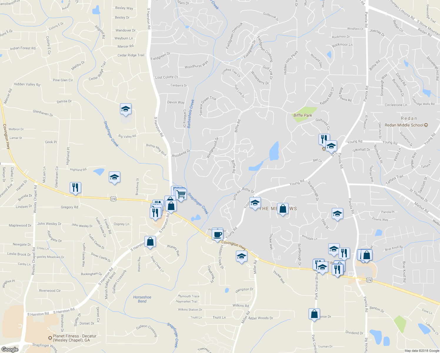 map of restaurants, bars, coffee shops, grocery stores, and more near 4968 Penscot Way in Stone Mountain