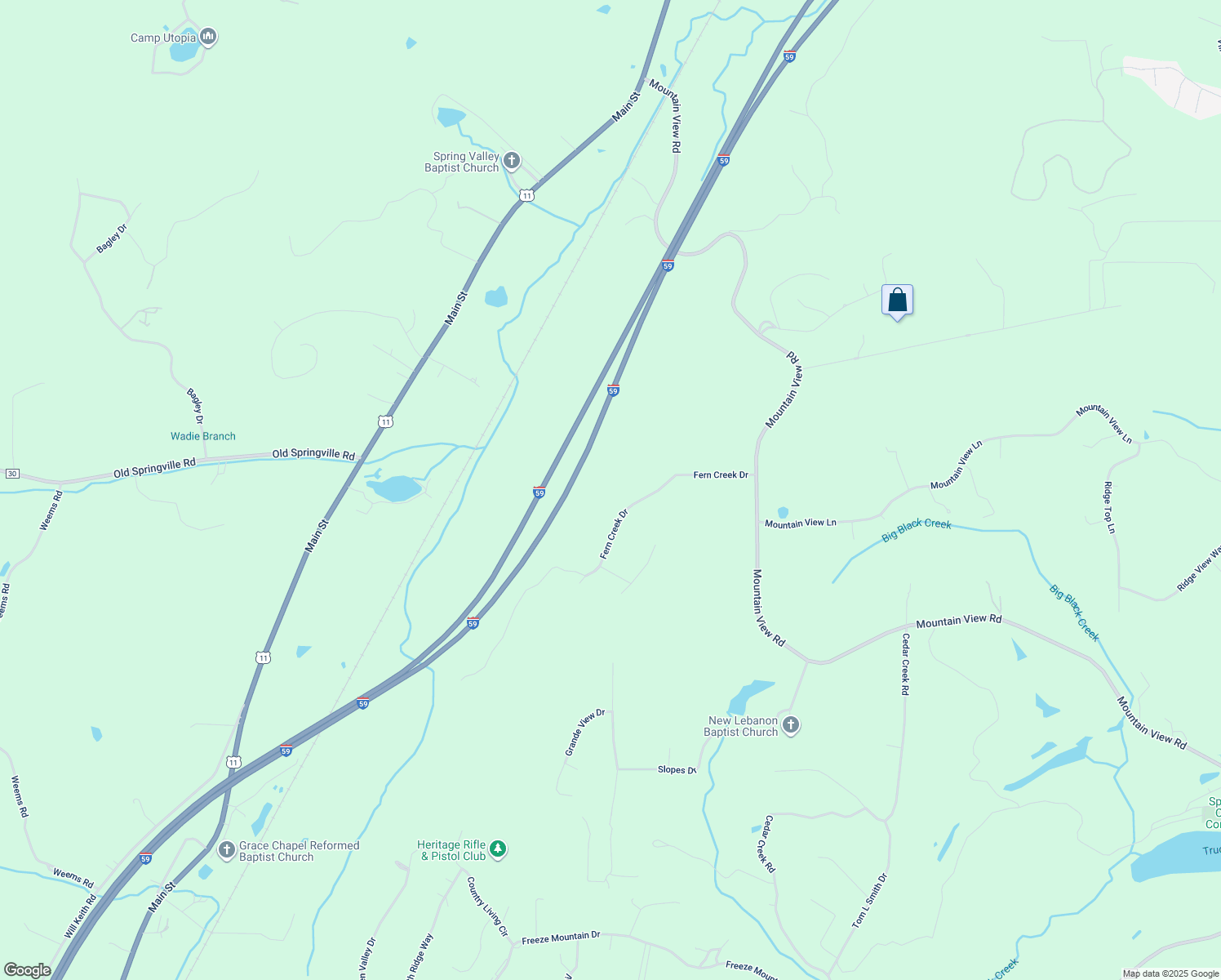 map of restaurants, bars, coffee shops, grocery stores, and more near 418 Fern Creek Drive in Springville