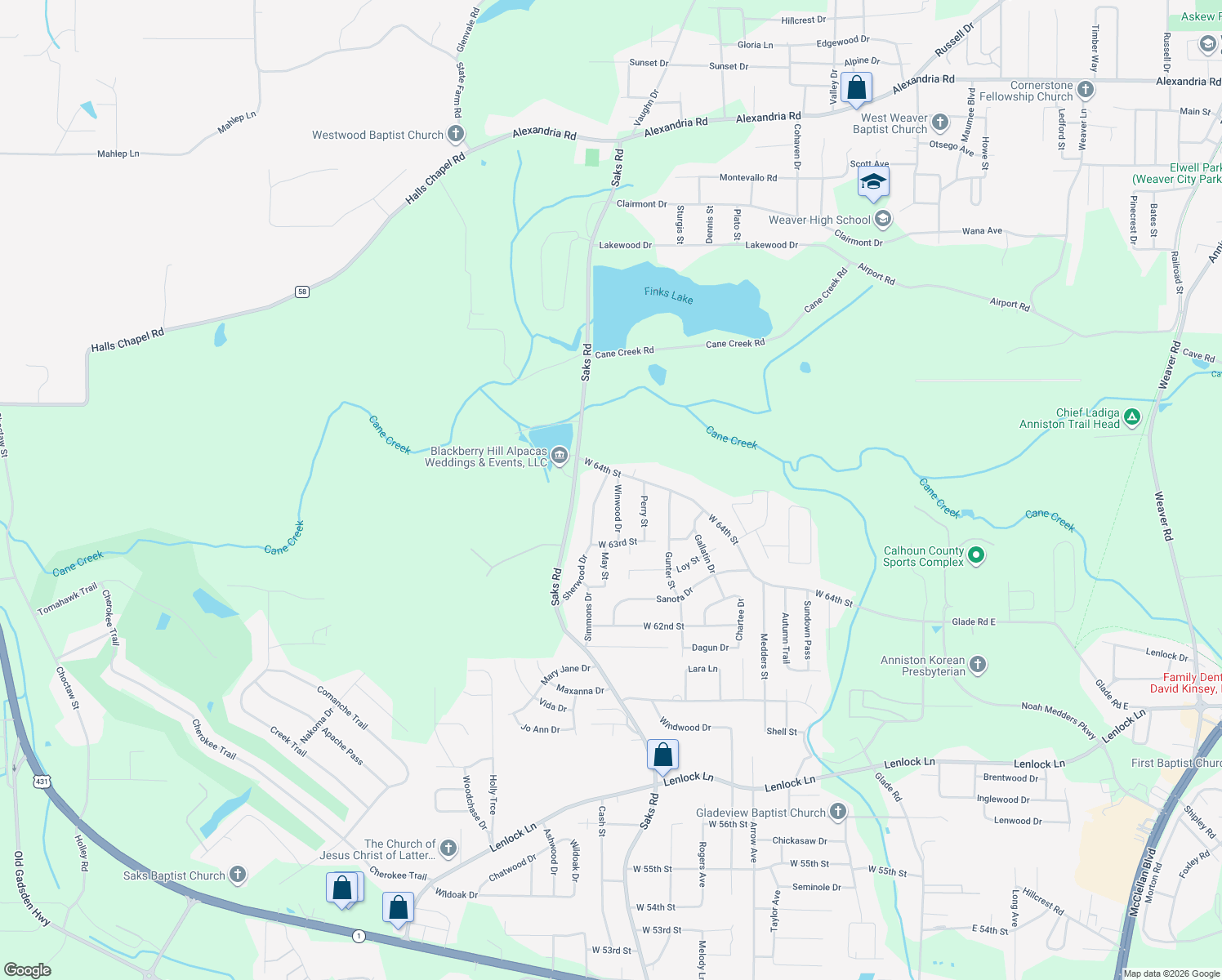 map of restaurants, bars, coffee shops, grocery stores, and more near 6321 Sherwood Drive in Anniston