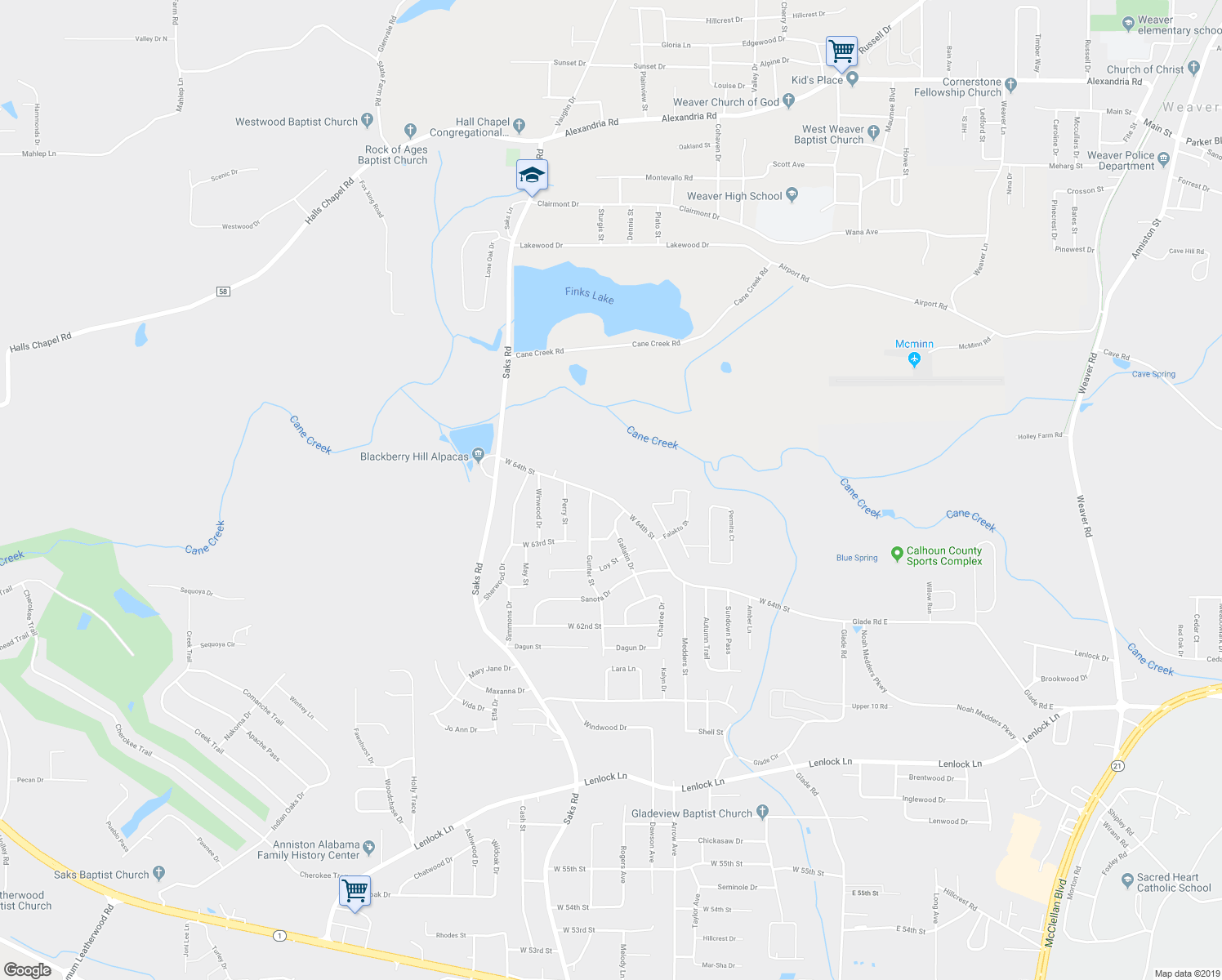 map of restaurants, bars, coffee shops, grocery stores, and more near 521 West 64th Street in Anniston