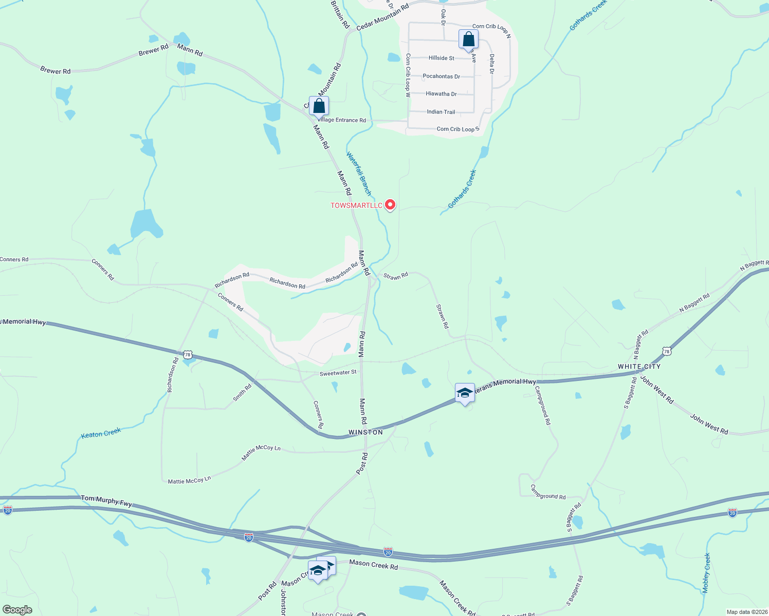 map of restaurants, bars, coffee shops, grocery stores, and more near 2604 Mann Road in Winston
