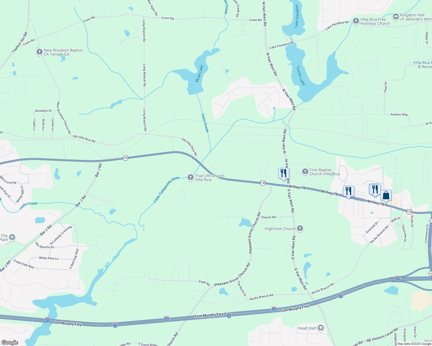 map of restaurants, bars, coffee shops, grocery stores, and more near 31 Chelsea Way in Villa Rica