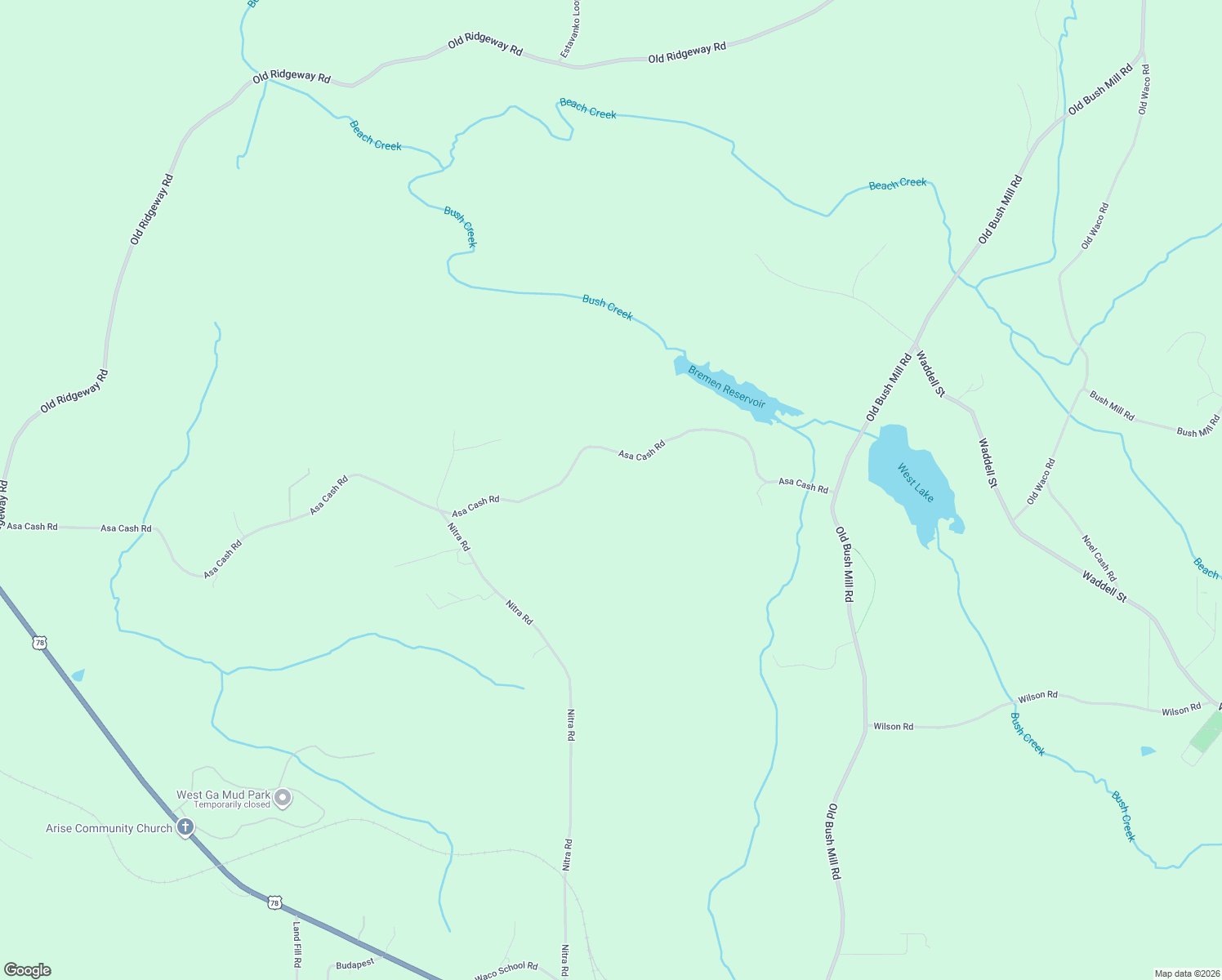 map of restaurants, bars, coffee shops, grocery stores, and more near 1171 Asa Cash Road in Bremen