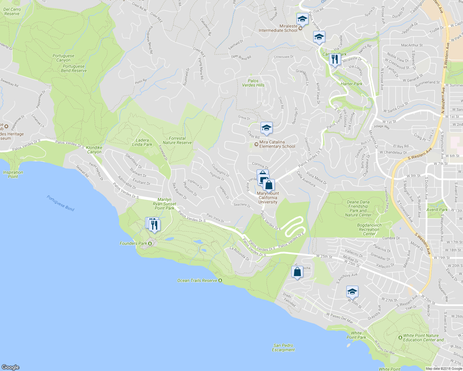map of restaurants, bars, coffee shops, grocery stores, and more near 3448 Coolheights Drive in Rancho Palos Verdes
