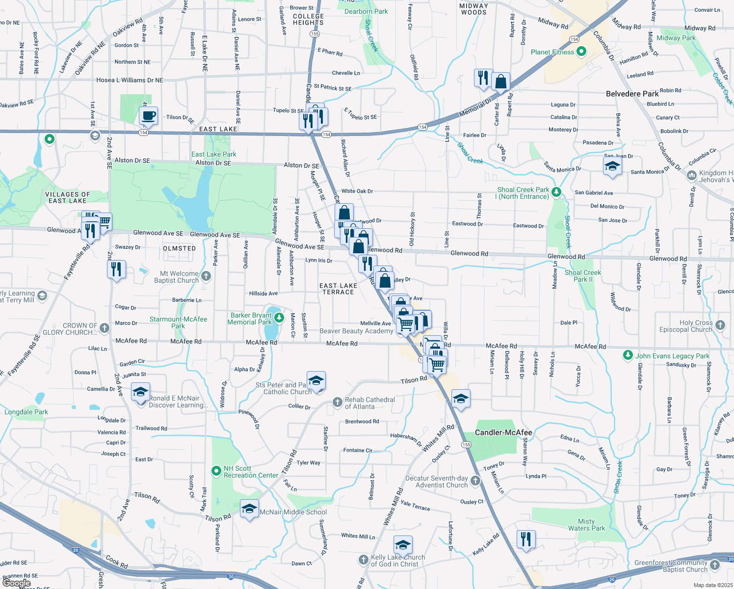 map of restaurants, bars, coffee shops, grocery stores, and more near 1916 Cannon Street in Decatur