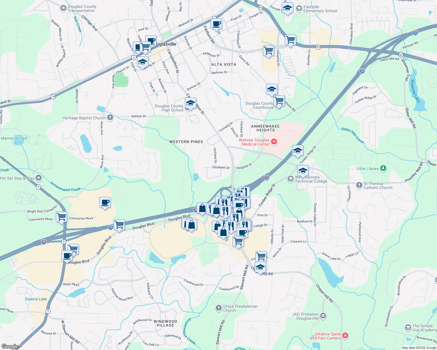 map of restaurants, bars, coffee shops, grocery stores, and more near 6379 Allison Ct in Douglasville