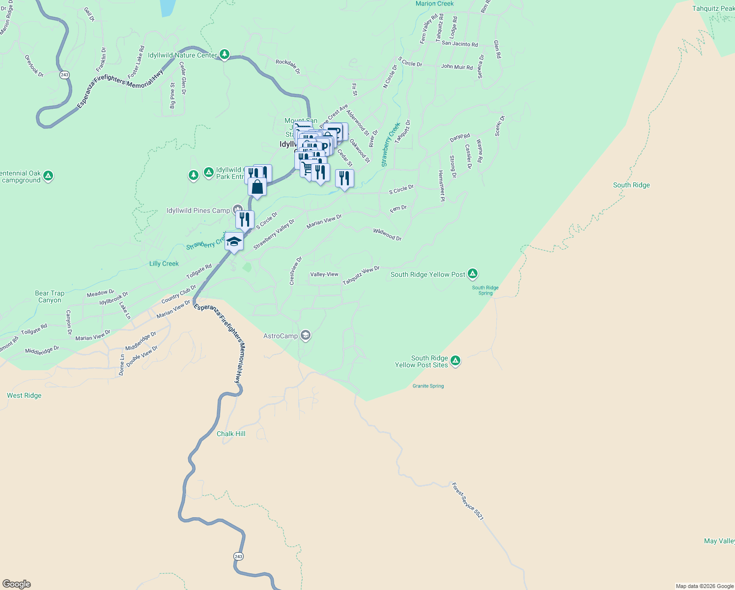 map of restaurants, bars, coffee shops, grocery stores, and more near 54575 Memory Lane in Idyllwild-Pine Cove