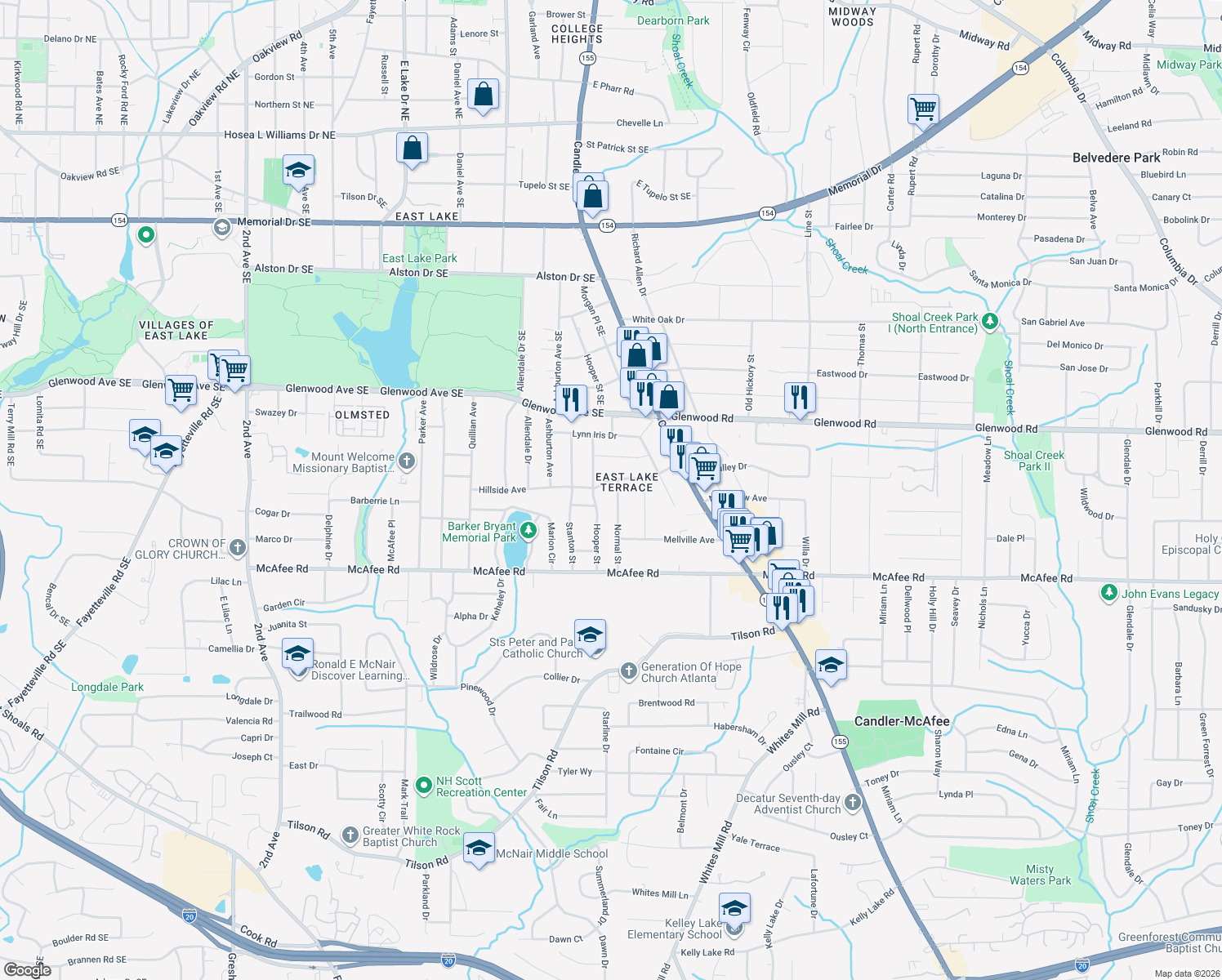 map of restaurants, bars, coffee shops, grocery stores, and more near 2429 Hillside Avenue in Decatur