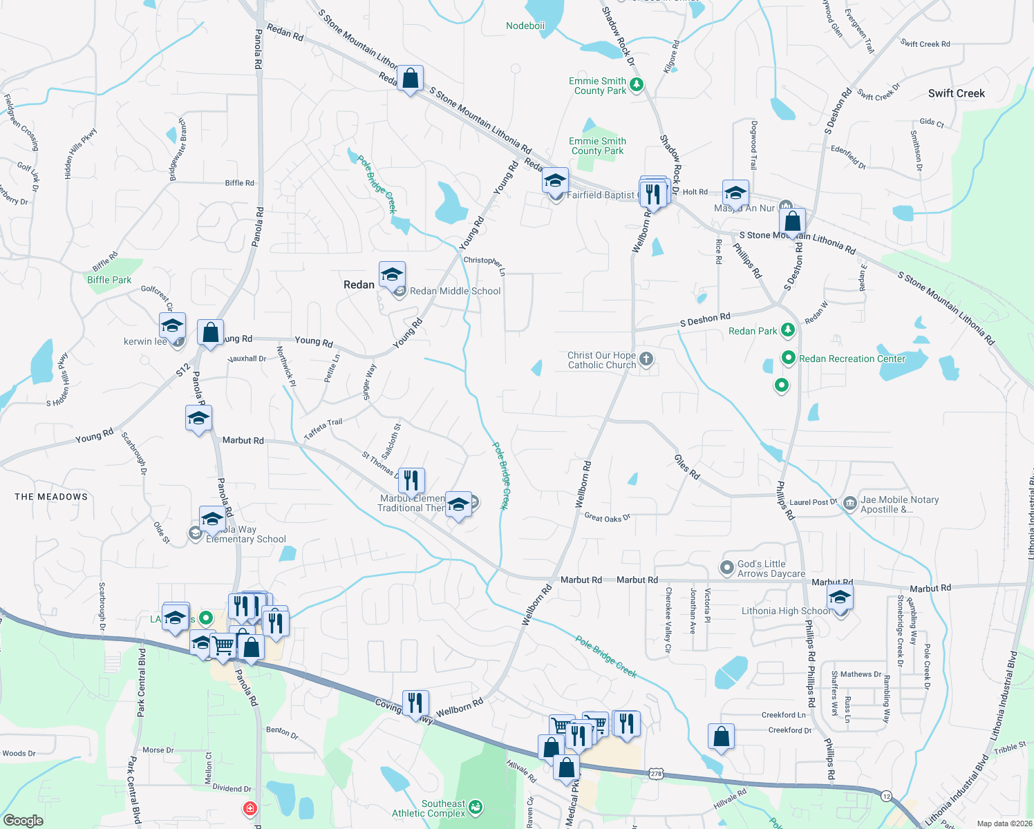 map of restaurants, bars, coffee shops, grocery stores, and more near 5861 Giles Rd in Lithonia