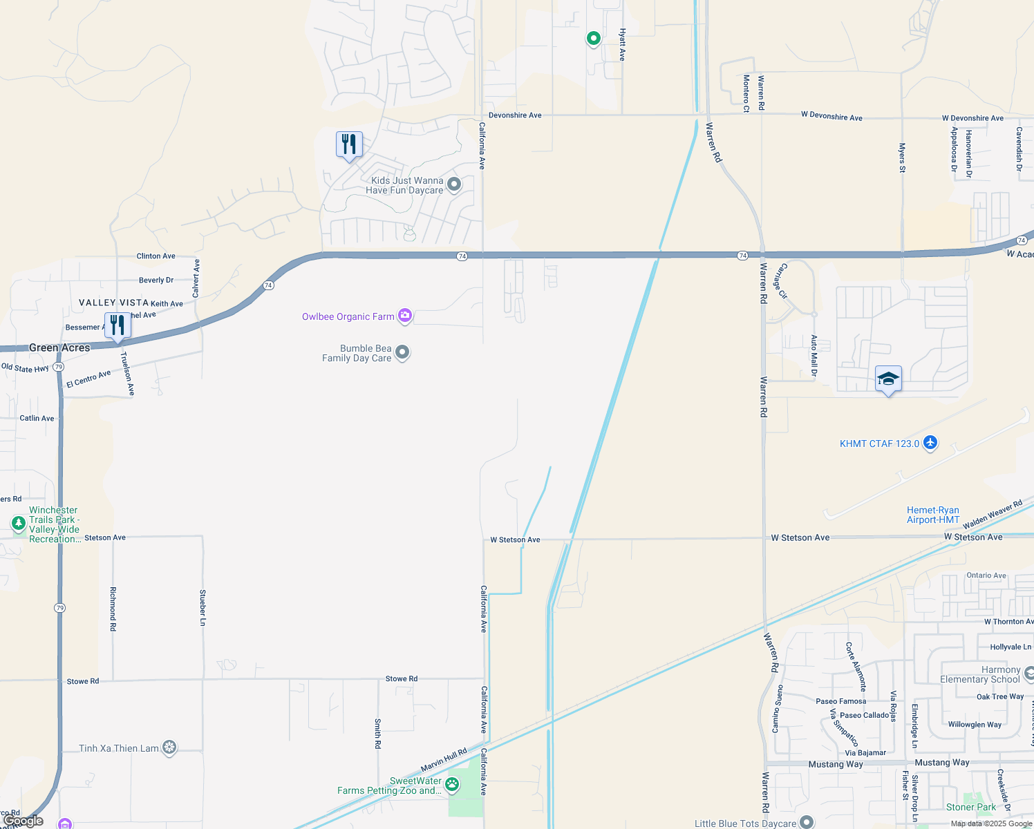 map of restaurants, bars, coffee shops, grocery stores, and more near 26543 California Avenue in Hemet