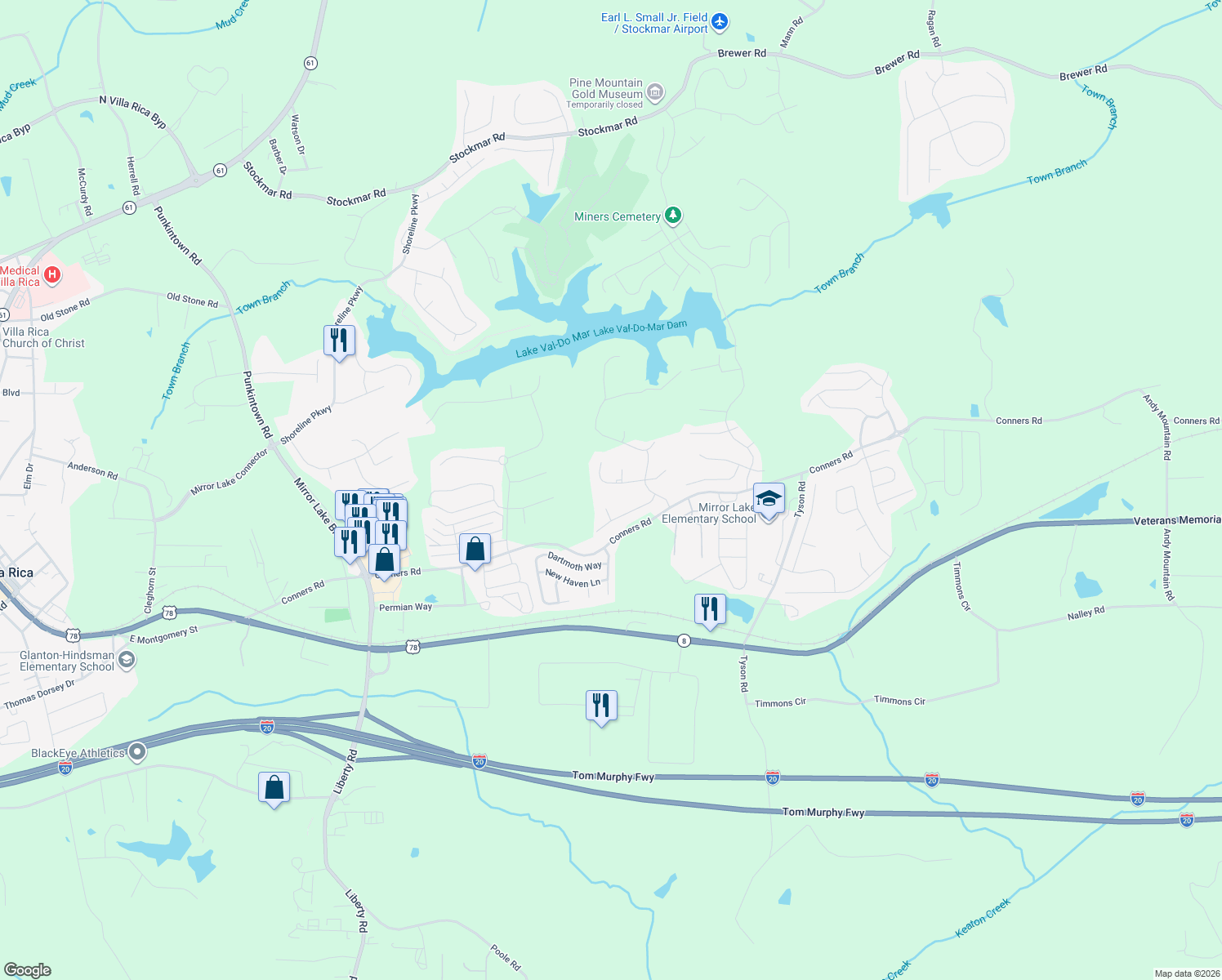 map of restaurants, bars, coffee shops, grocery stores, and more near 5011 Cambridge Ln in Villa Rica