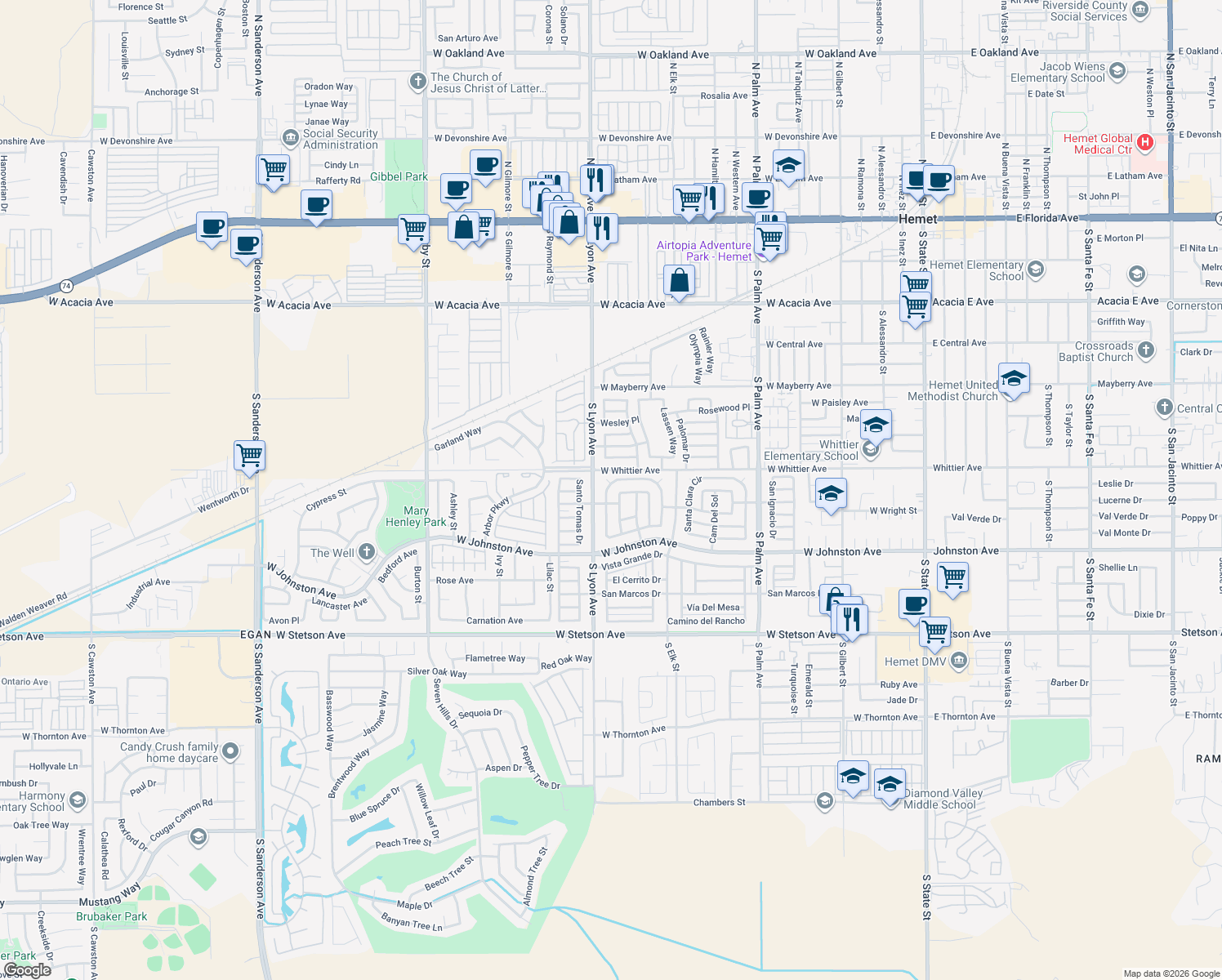 map of restaurants, bars, coffee shops, grocery stores, and more near 431 San Mateo Cir in Hemet