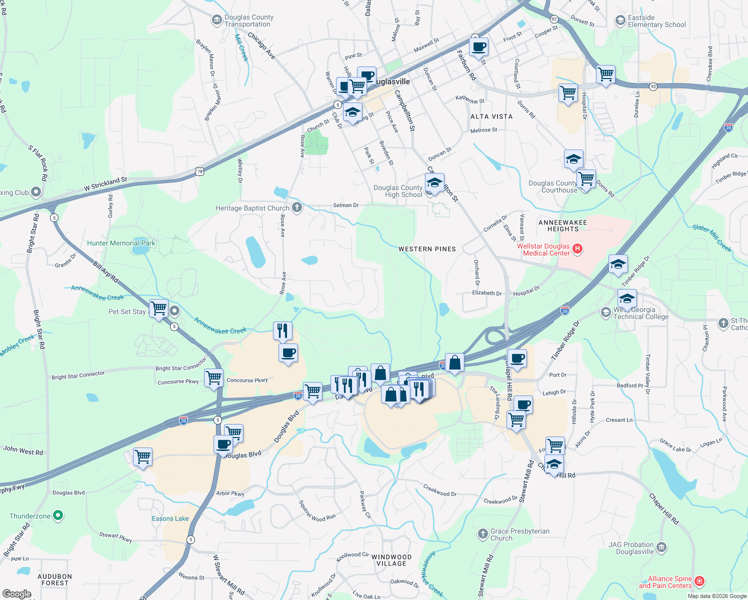 map of restaurants, bars, coffee shops, grocery stores, and more near 9043 Western Pines Dr in Douglasville