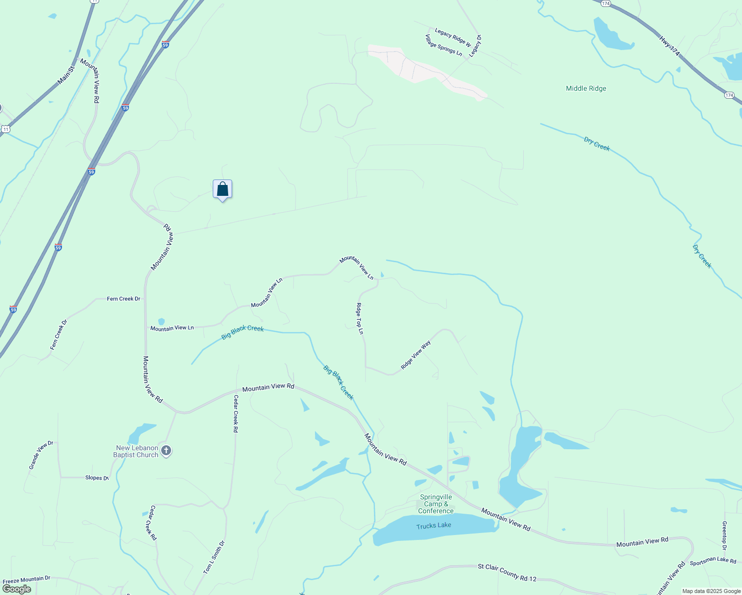 map of restaurants, bars, coffee shops, grocery stores, and more near 45 Ridge Top Lane in Springville