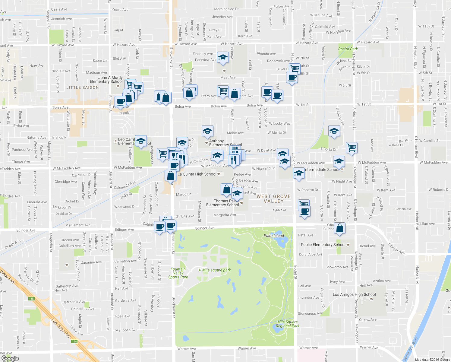 map of restaurants, bars, coffee shops, grocery stores, and more near 10372 West McFadden Avenue in Westminster