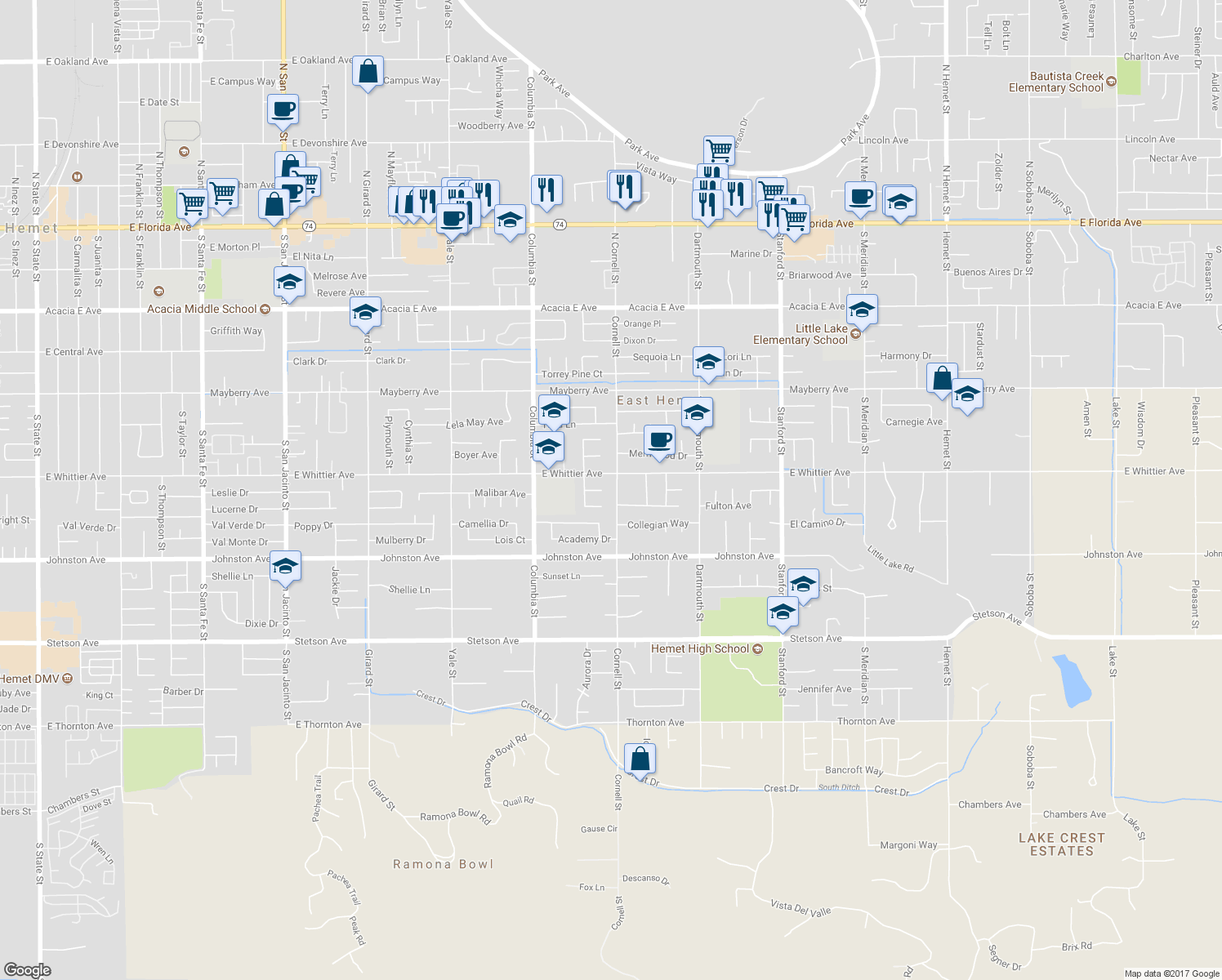 map of restaurants, bars, coffee shops, grocery stores, and more near 26547 Cornell Street in Hemet
