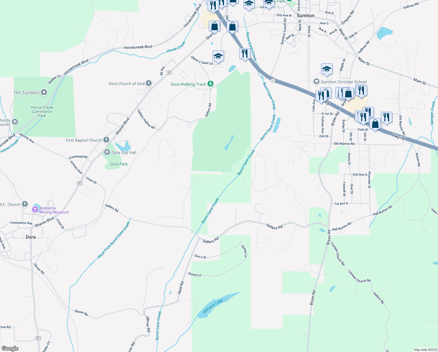 map of restaurants, bars, coffee shops, grocery stores, and more near 605 Parr Parkway in Dora