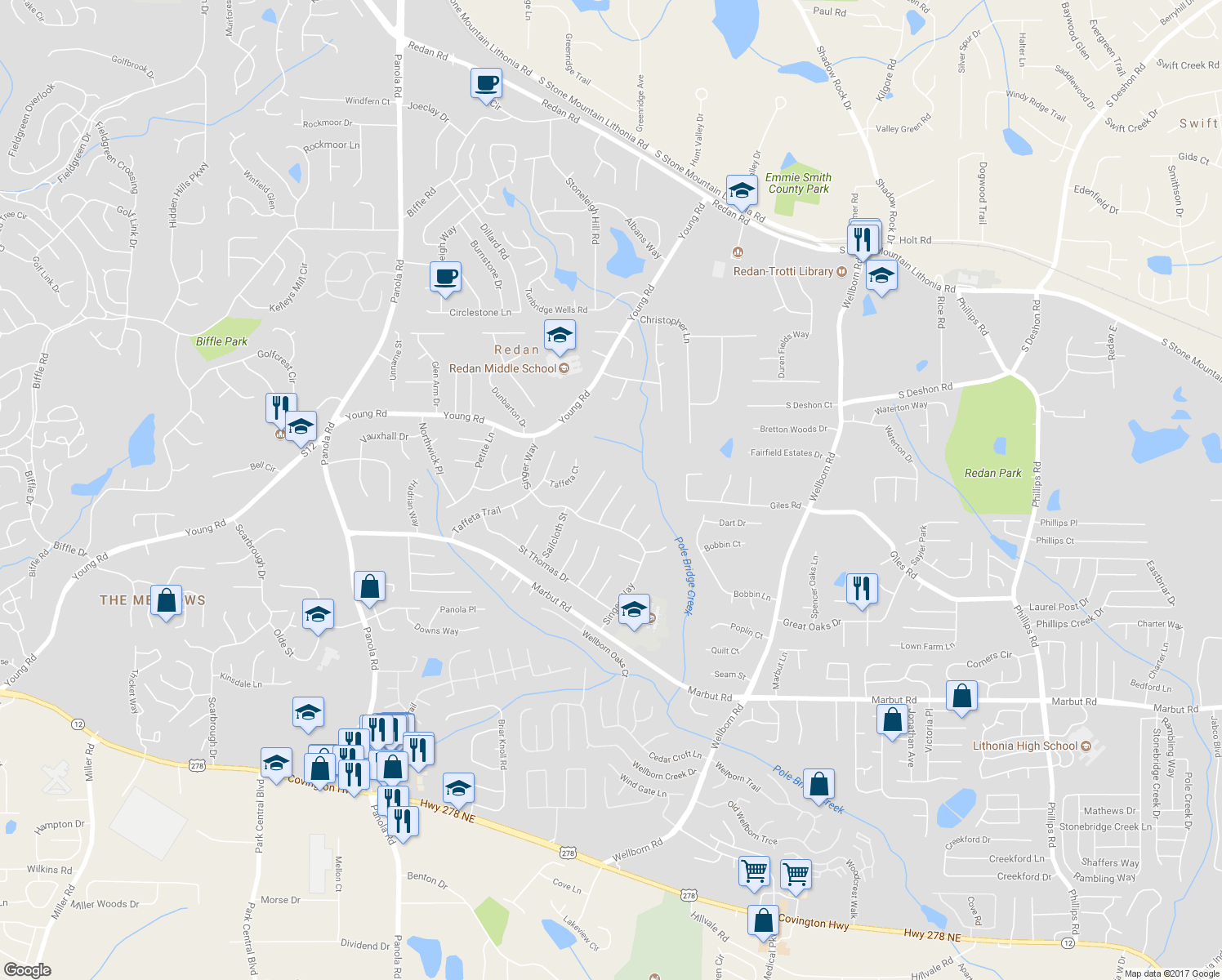 map of restaurants, bars, coffee shops, grocery stores, and more near 1829 Herringbone Hollow in Lithonia