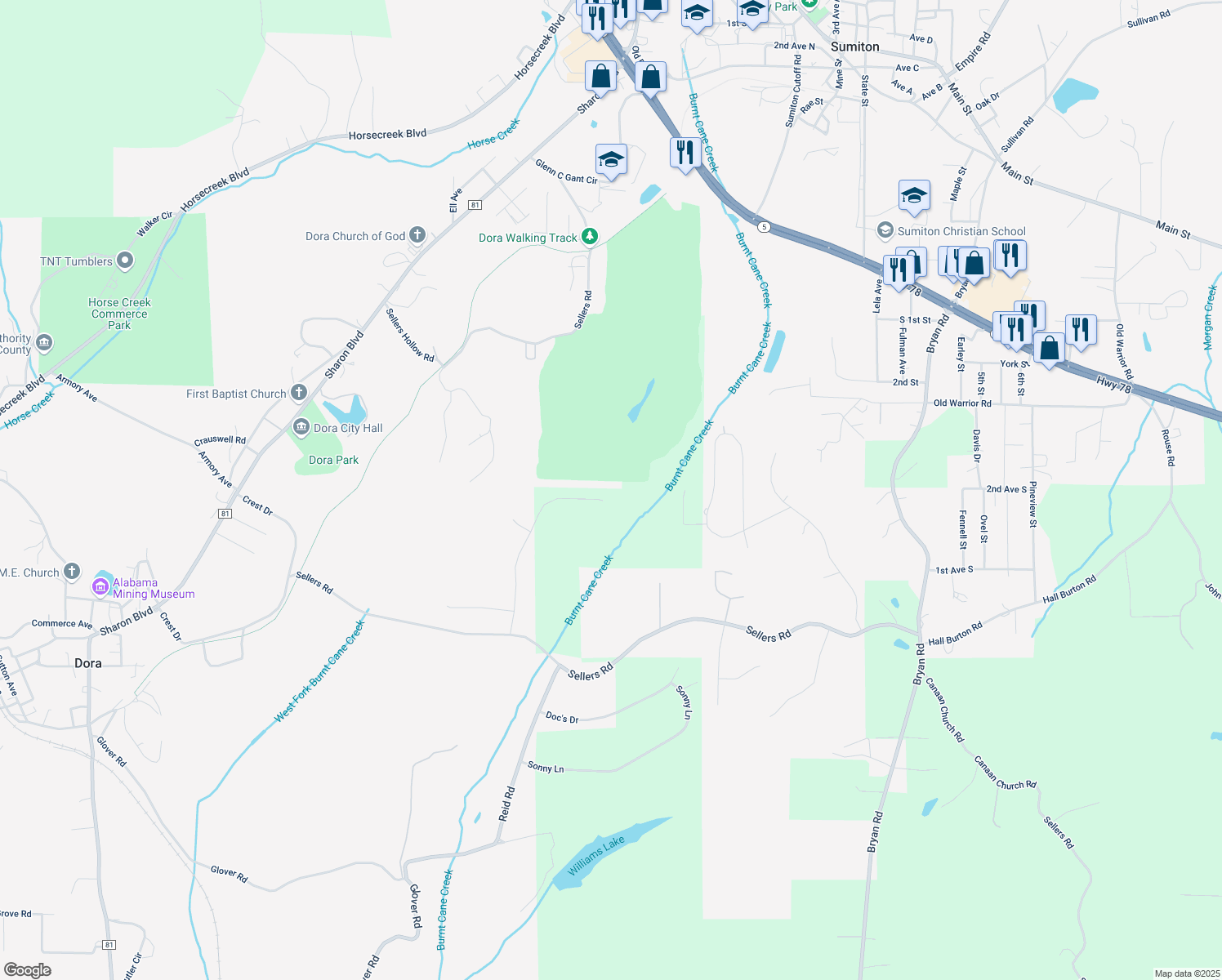 map of restaurants, bars, coffee shops, grocery stores, and more near 605 Parr Parkway in Dora