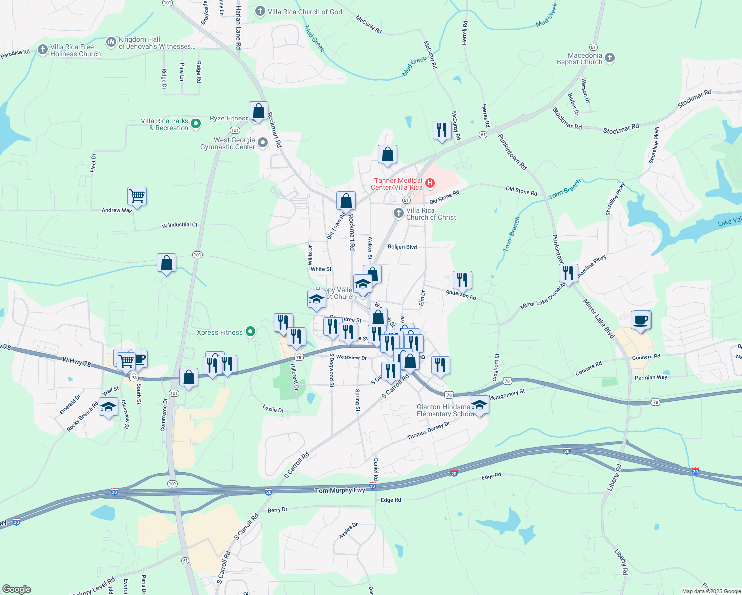 map of restaurants, bars, coffee shops, grocery stores, and more near 115 Dallas Hwy in Villa Rica