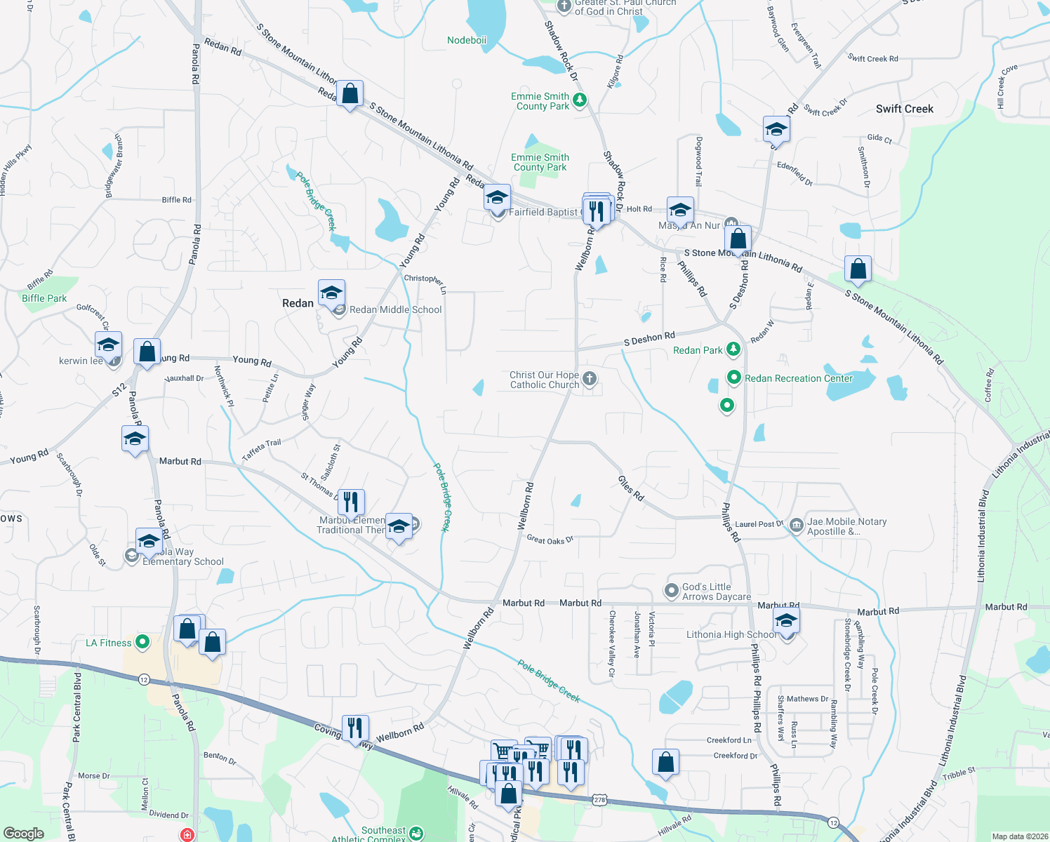 map of restaurants, bars, coffee shops, grocery stores, and more near 5964 Giles Road in Lithonia