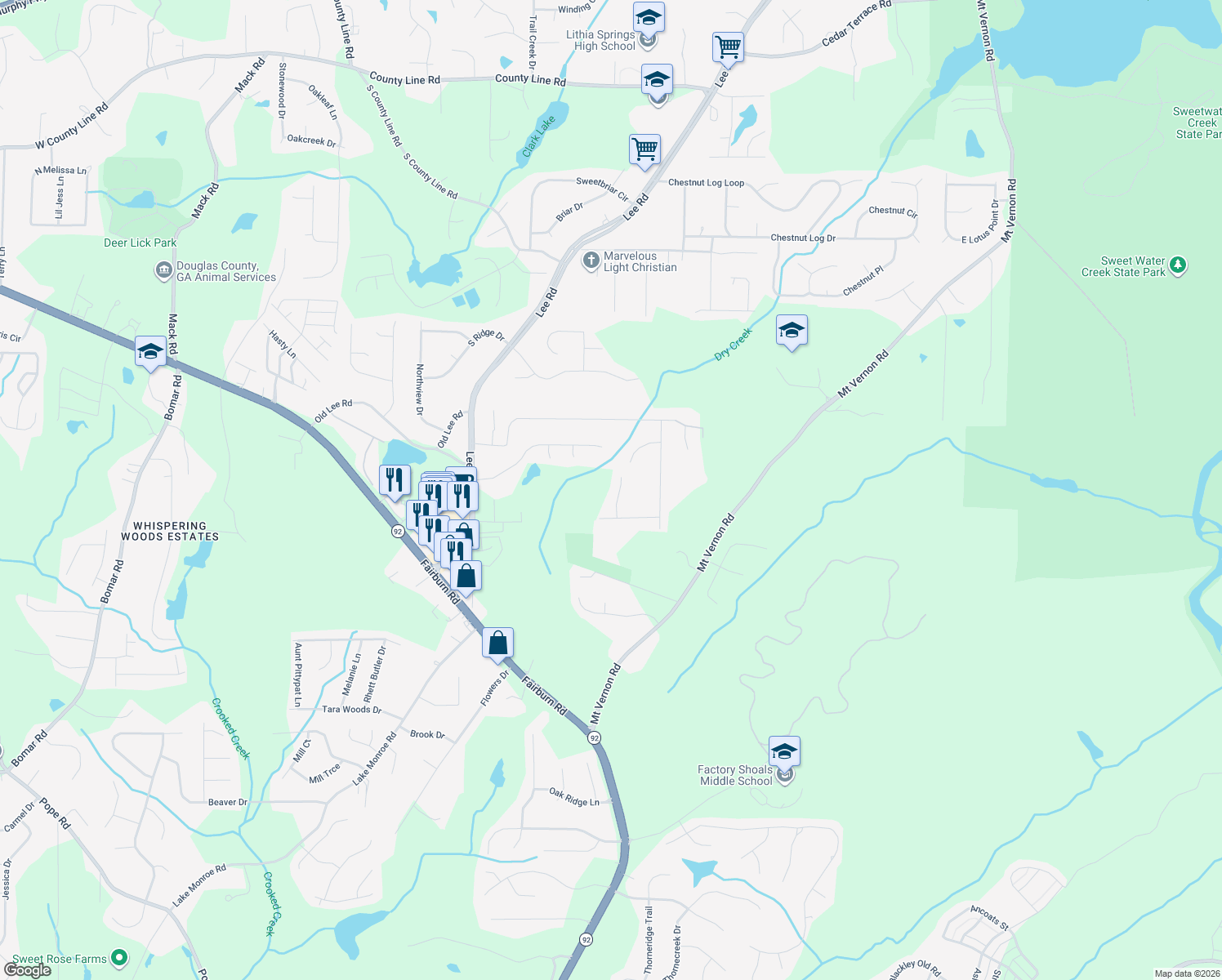 map of restaurants, bars, coffee shops, grocery stores, and more near 8999 Leaf Lane in Lithia Springs