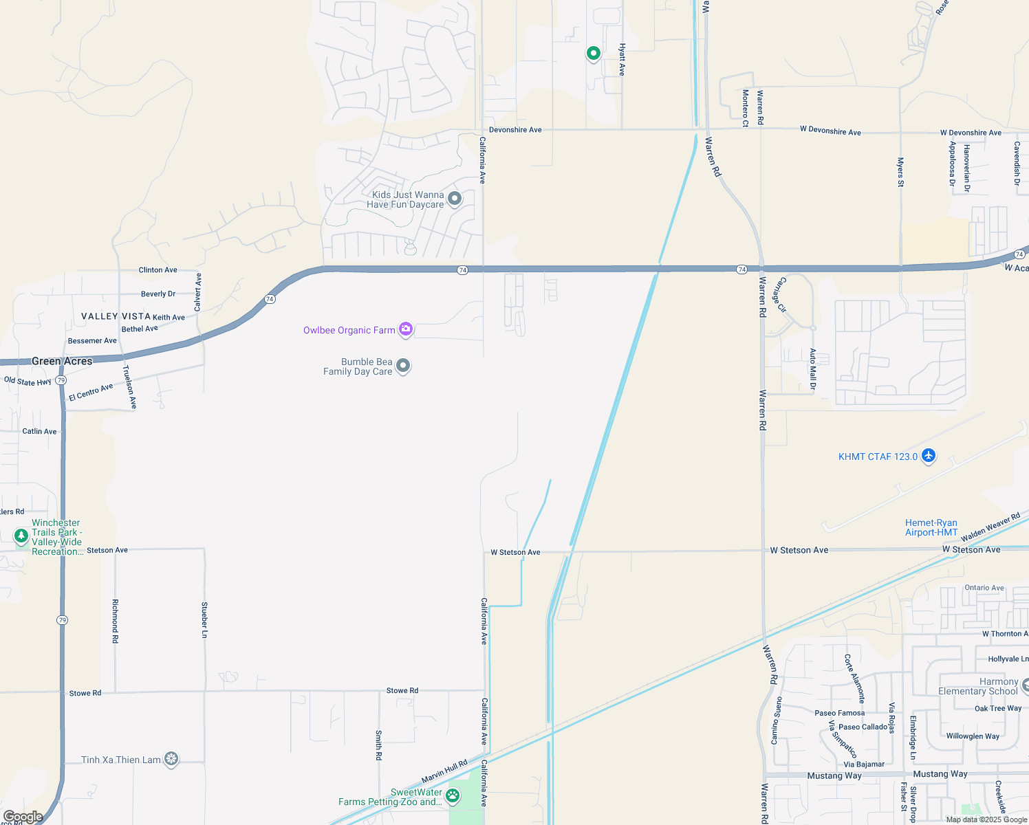 map of restaurants, bars, coffee shops, grocery stores, and more near 26543 California Avenue in Hemet