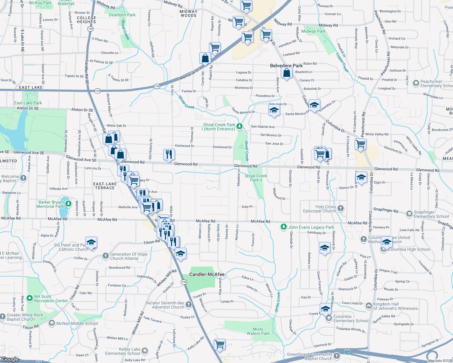 map of restaurants, bars, coffee shops, grocery stores, and more near 1873 Long Drive in Decatur