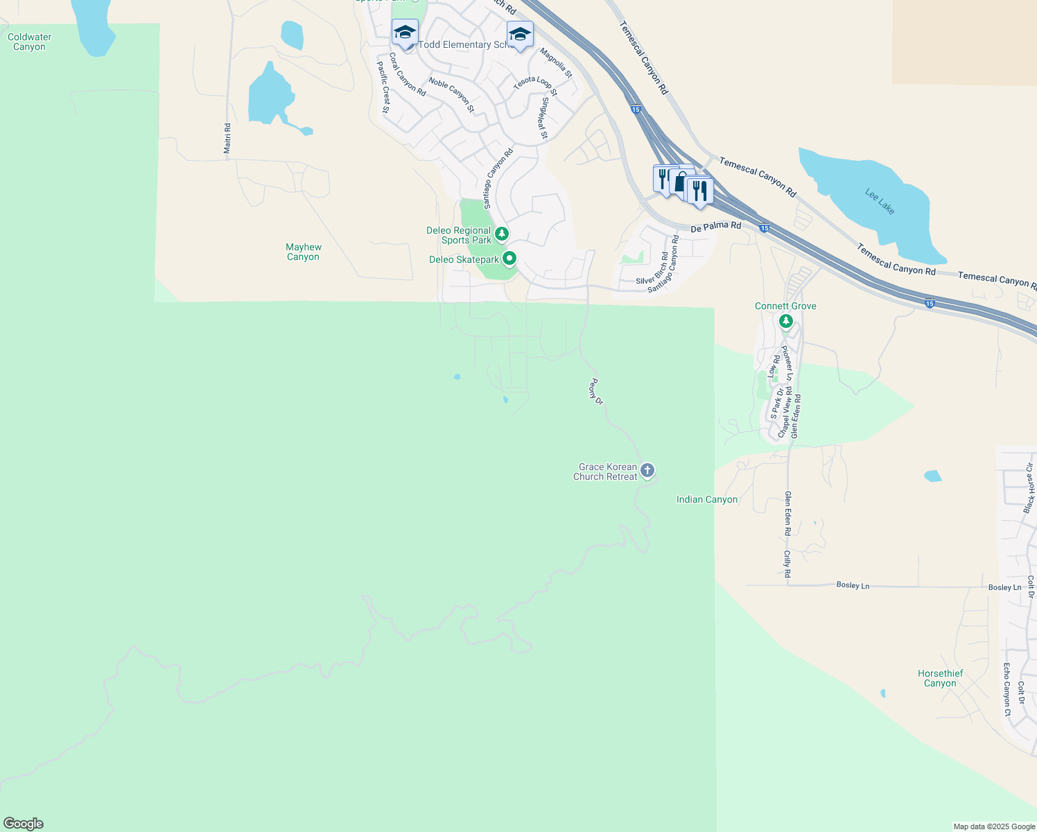map of restaurants, bars, coffee shops, grocery stores, and more near in Corona