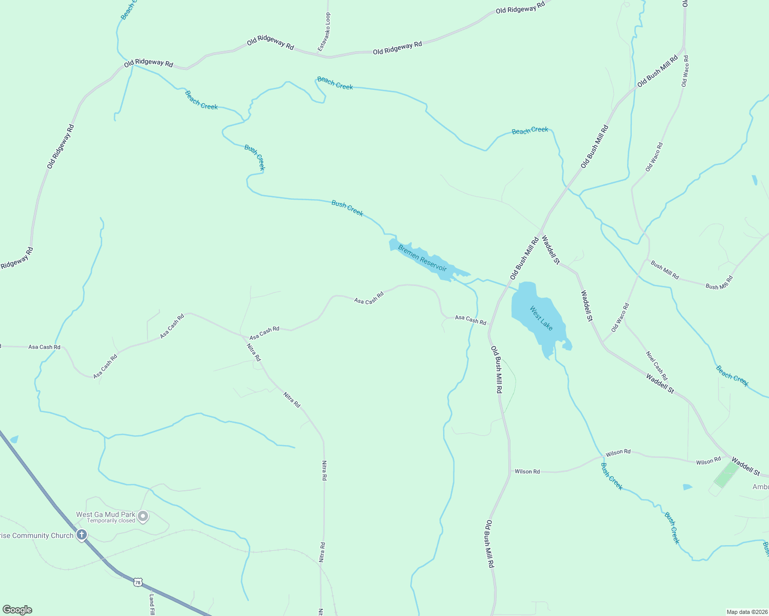 map of restaurants, bars, coffee shops, grocery stores, and more near 1171 Asa Cash Road in Bremen