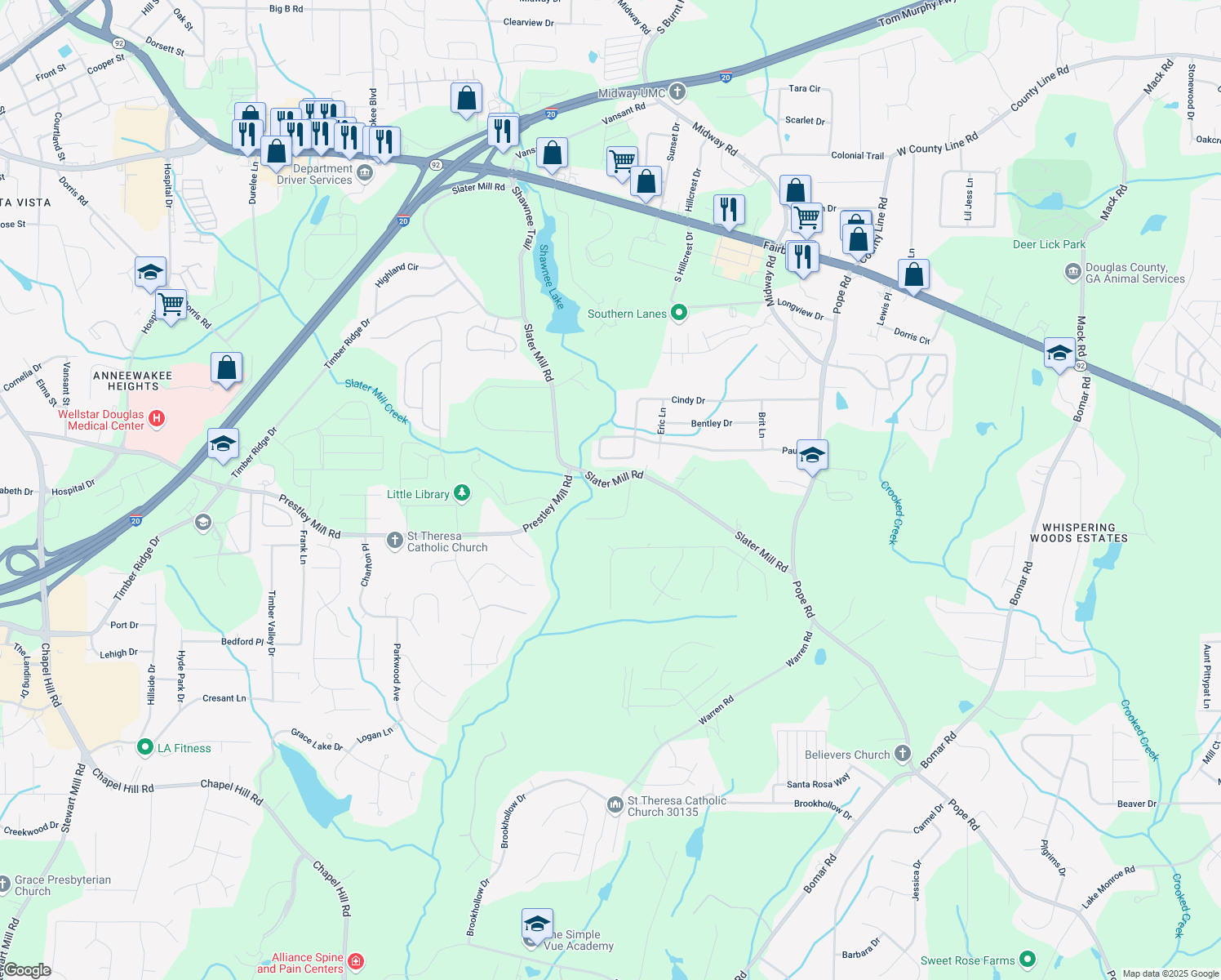 map of restaurants, bars, coffee shops, grocery stores, and more near 2515 Slater Mill Road in Douglasville