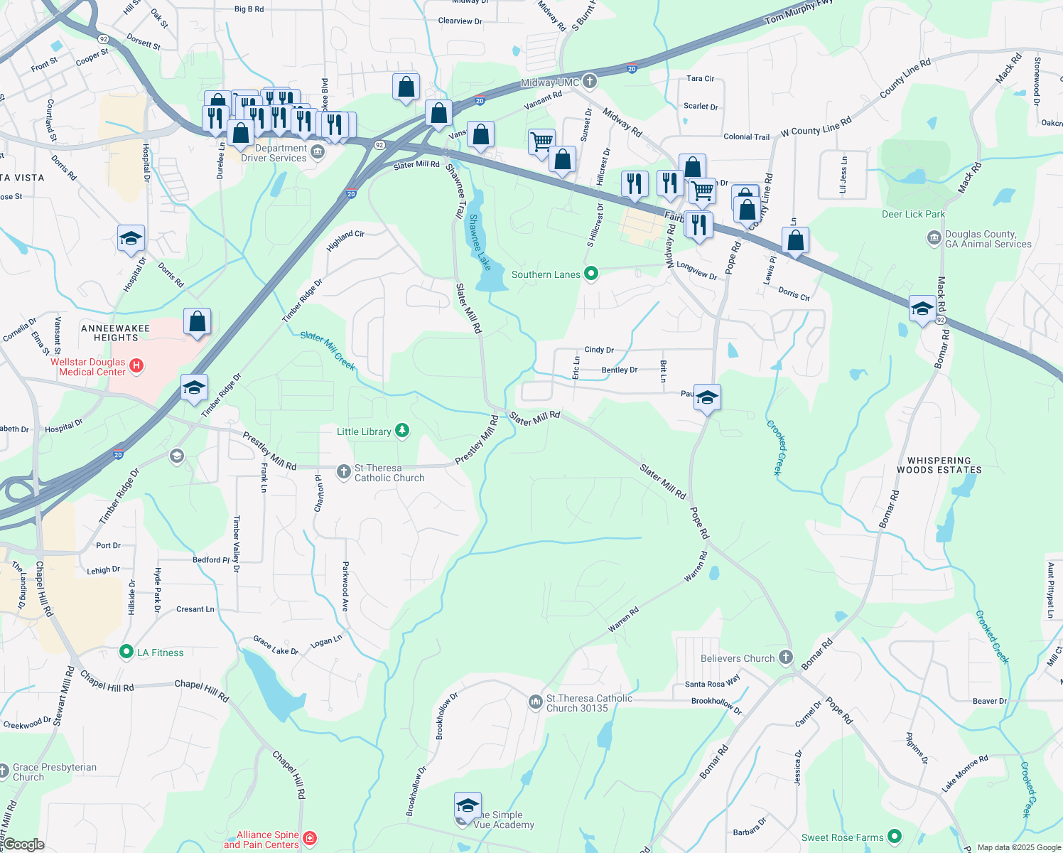 map of restaurants, bars, coffee shops, grocery stores, and more near 2515 Slater Mill Road in Douglasville