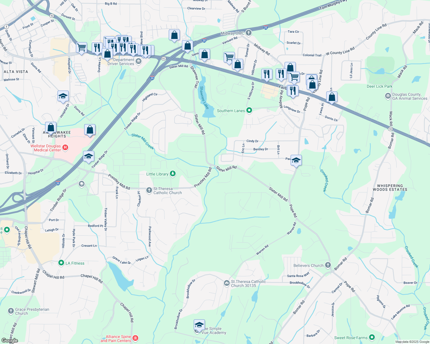 map of restaurants, bars, coffee shops, grocery stores, and more near 4155 Prestley Mill Road in Douglasville