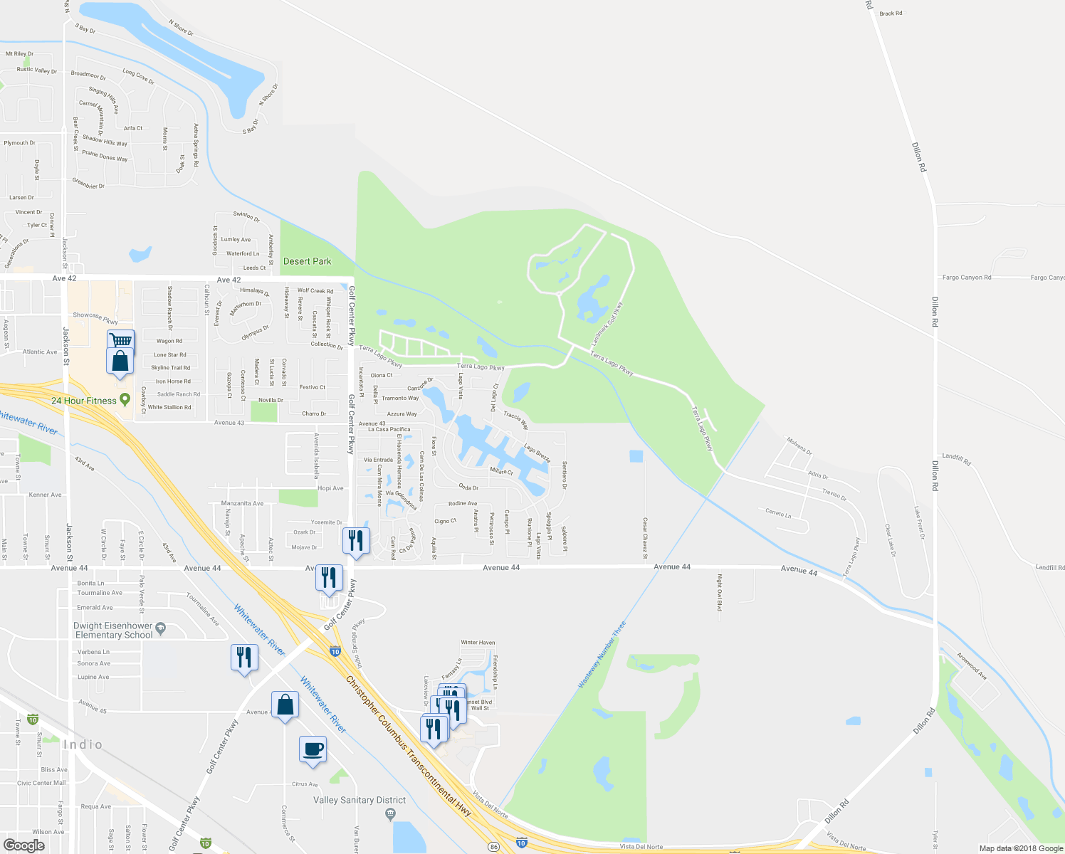 map of restaurants, bars, coffee shops, grocery stores, and more near 84620 Pavone Way in Indio