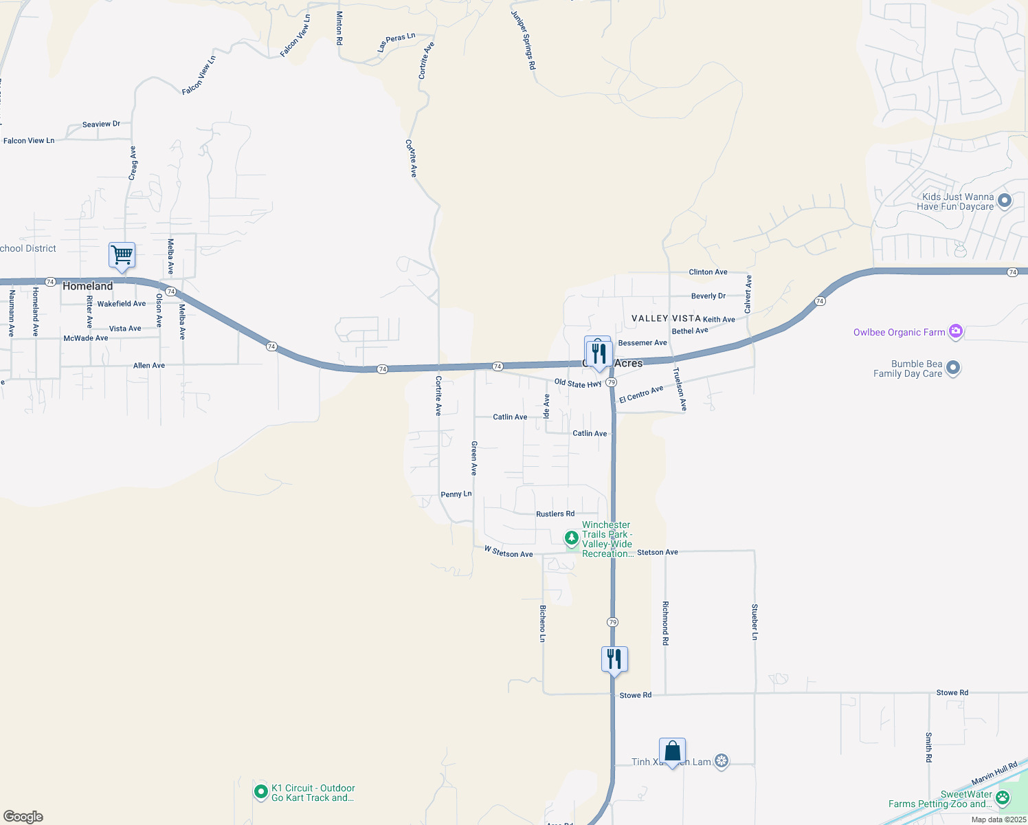 map of restaurants, bars, coffee shops, grocery stores, and more near 33152 Catlin Avenue in Hemet