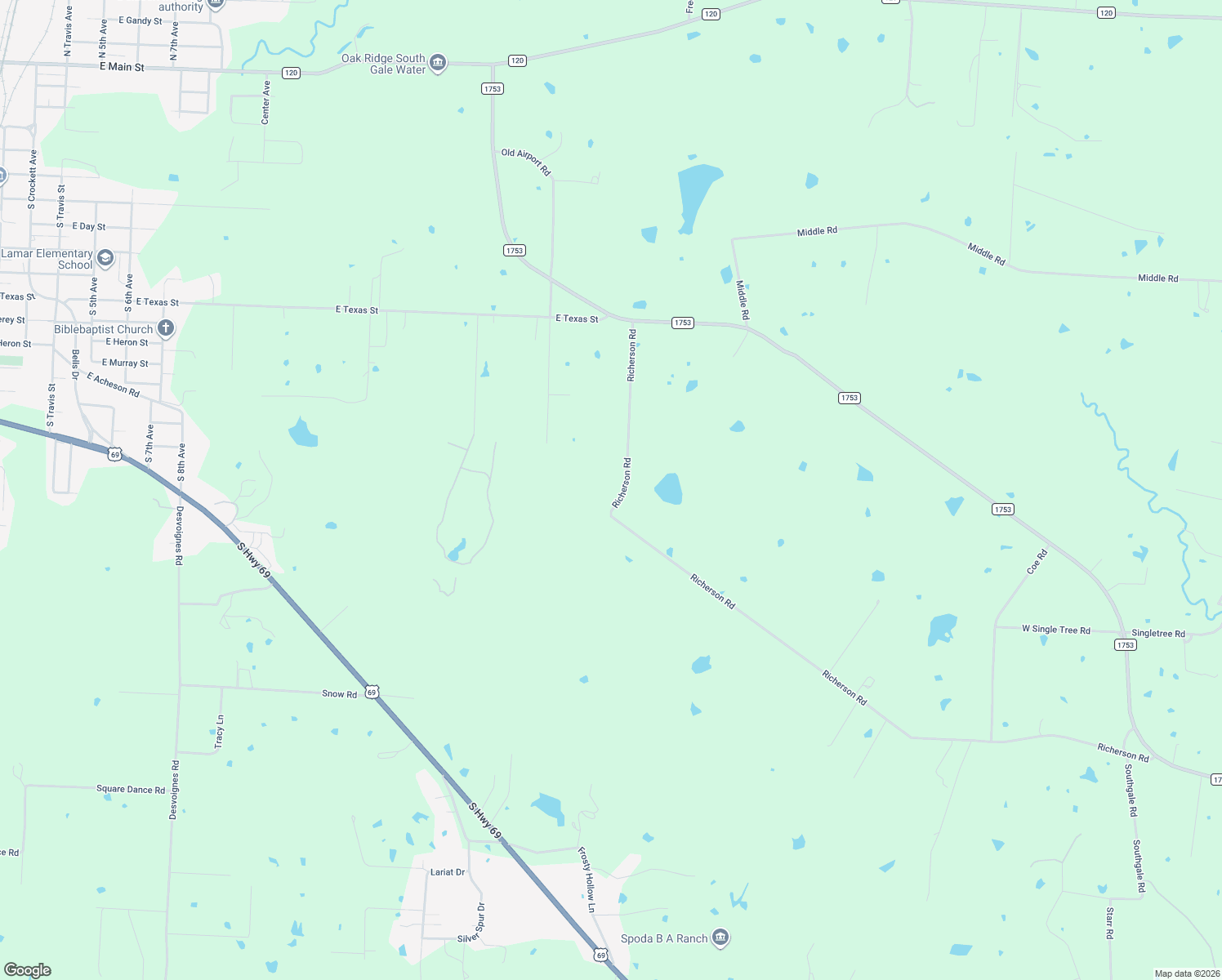 map of restaurants, bars, coffee shops, grocery stores, and more near 578 Richerson Rd in Denison