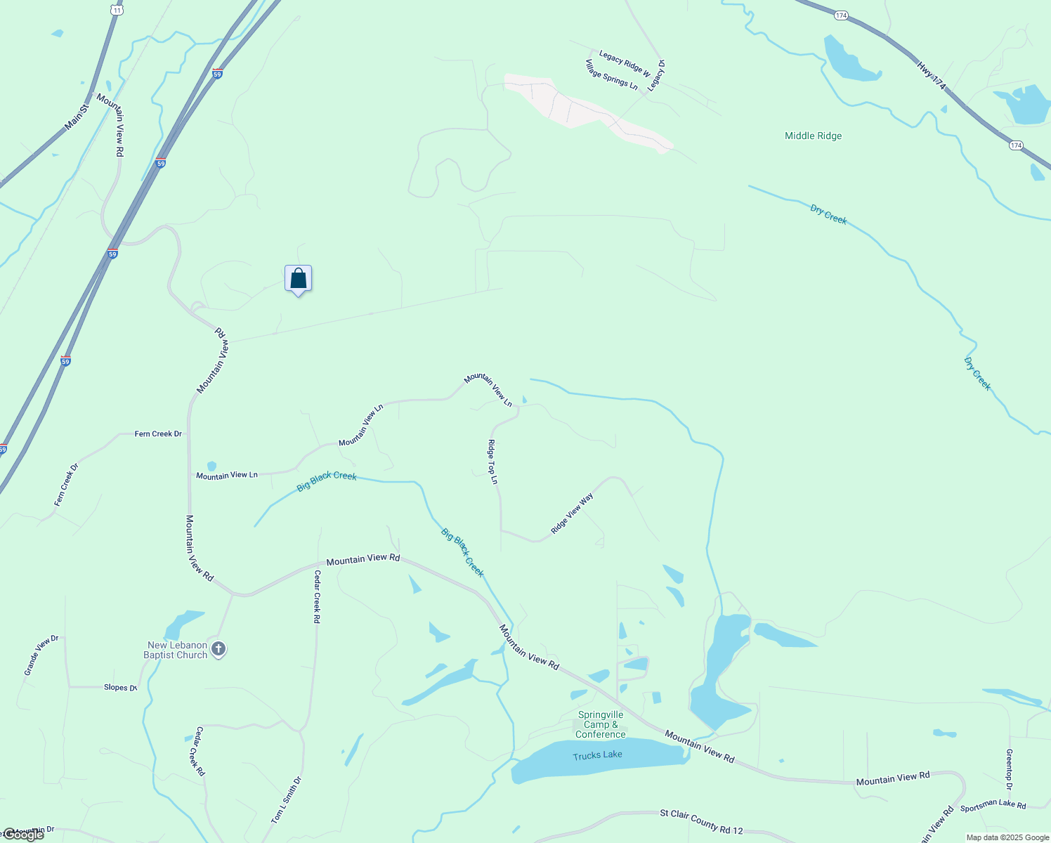 map of restaurants, bars, coffee shops, grocery stores, and more near 45 Ridge Top Lane in Springville
