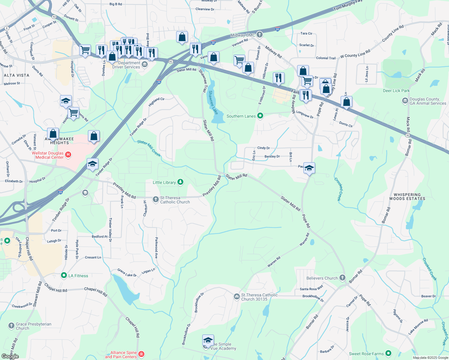 map of restaurants, bars, coffee shops, grocery stores, and more near 4155 Prestley Mill Road in Douglasville