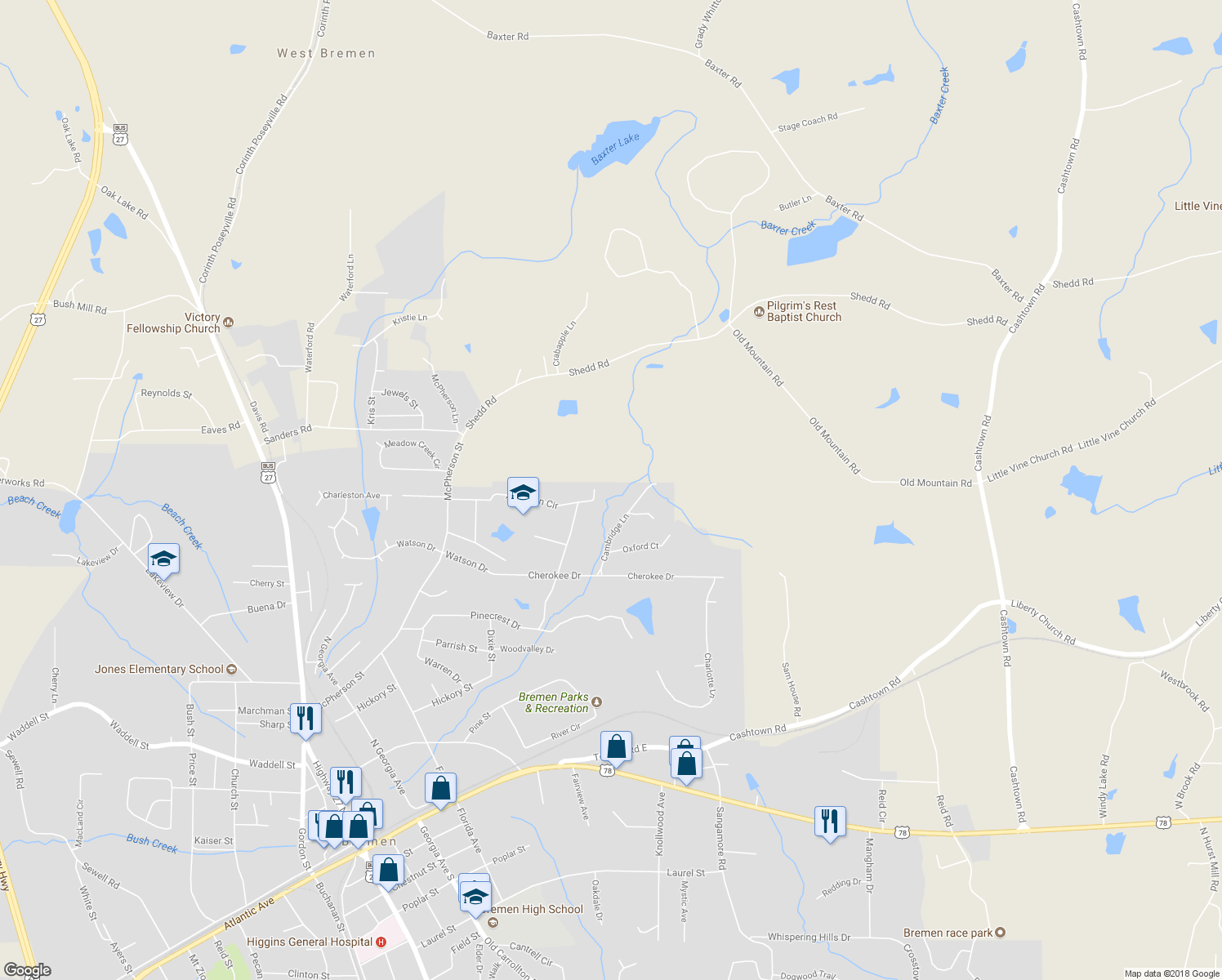 map of restaurants, bars, coffee shops, grocery stores, and more near 221 Hamilton Circle in Bremen