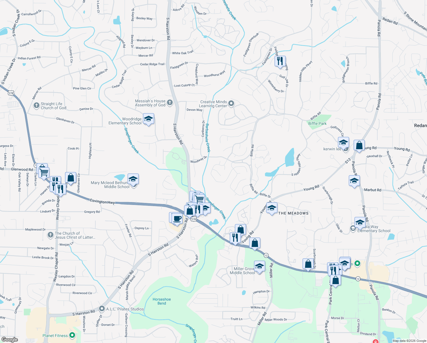 map of restaurants, bars, coffee shops, grocery stores, and more near 4861 Fielding Way in Stone Mountain